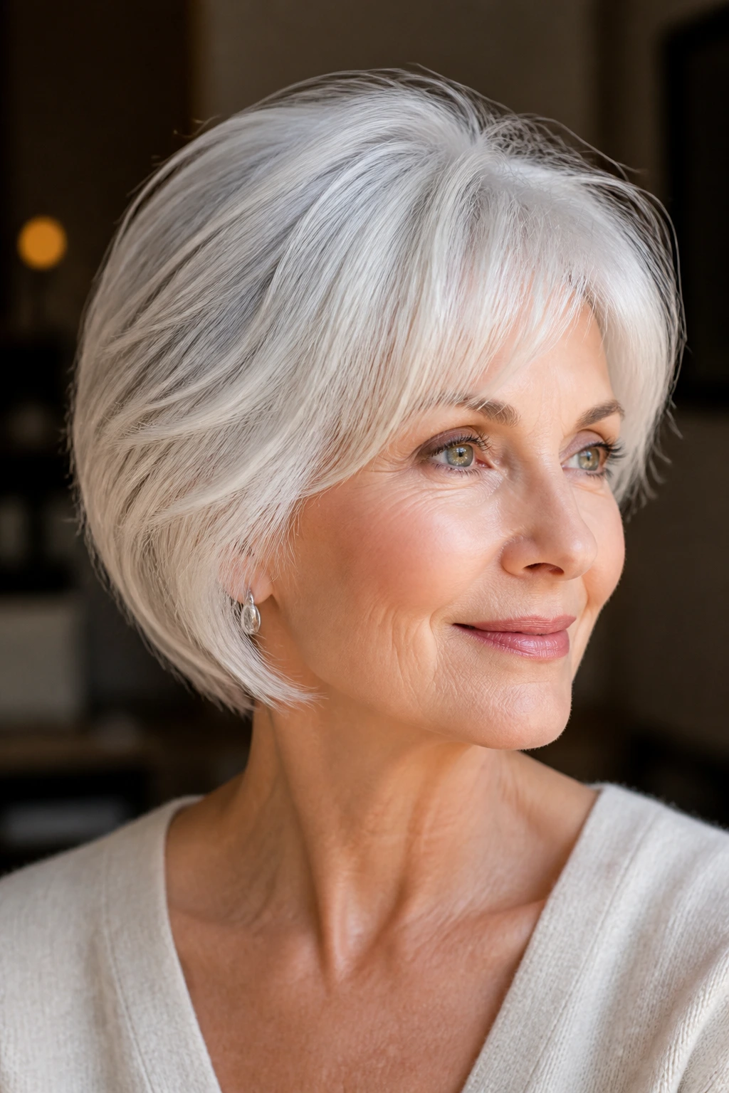 Close-up portrait showing lift at crown and softened face frame