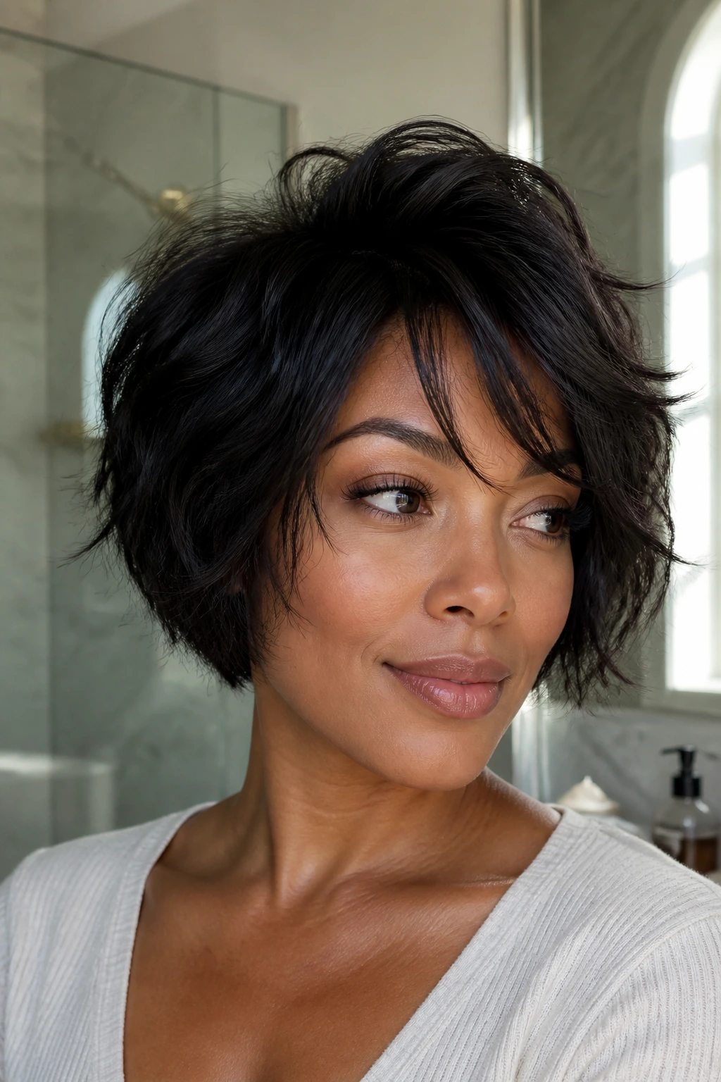 Close-up of a real woman with lifted roots and soft textured bob.