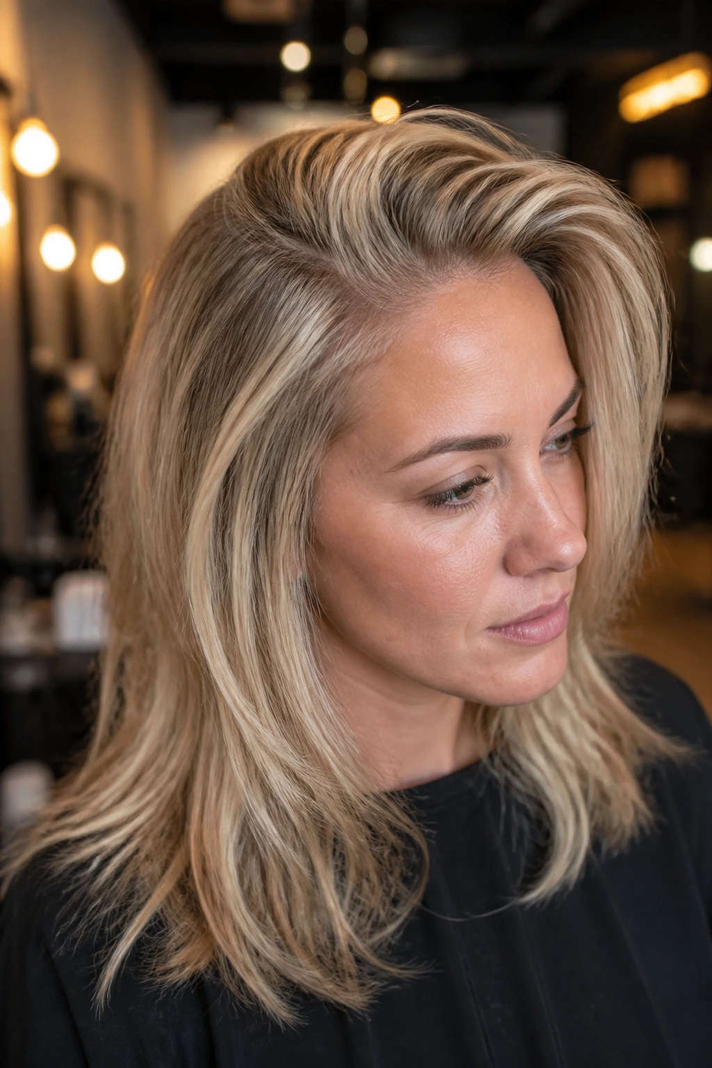 Portrait of a woman with lifted crown and beige blonde hair in a salon setting