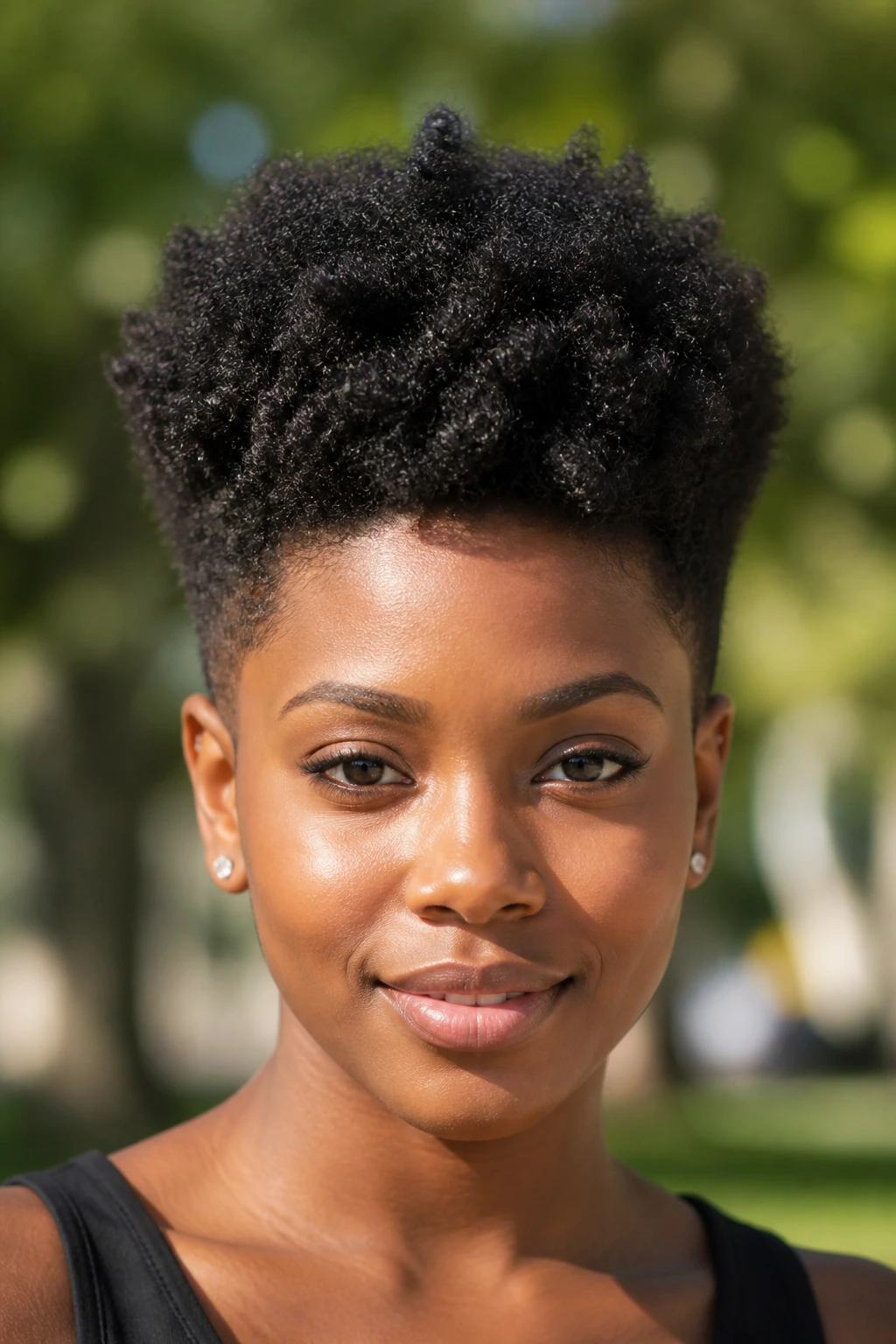 Close up of a real person with a lifted afro and tapered sides, natural sunlight