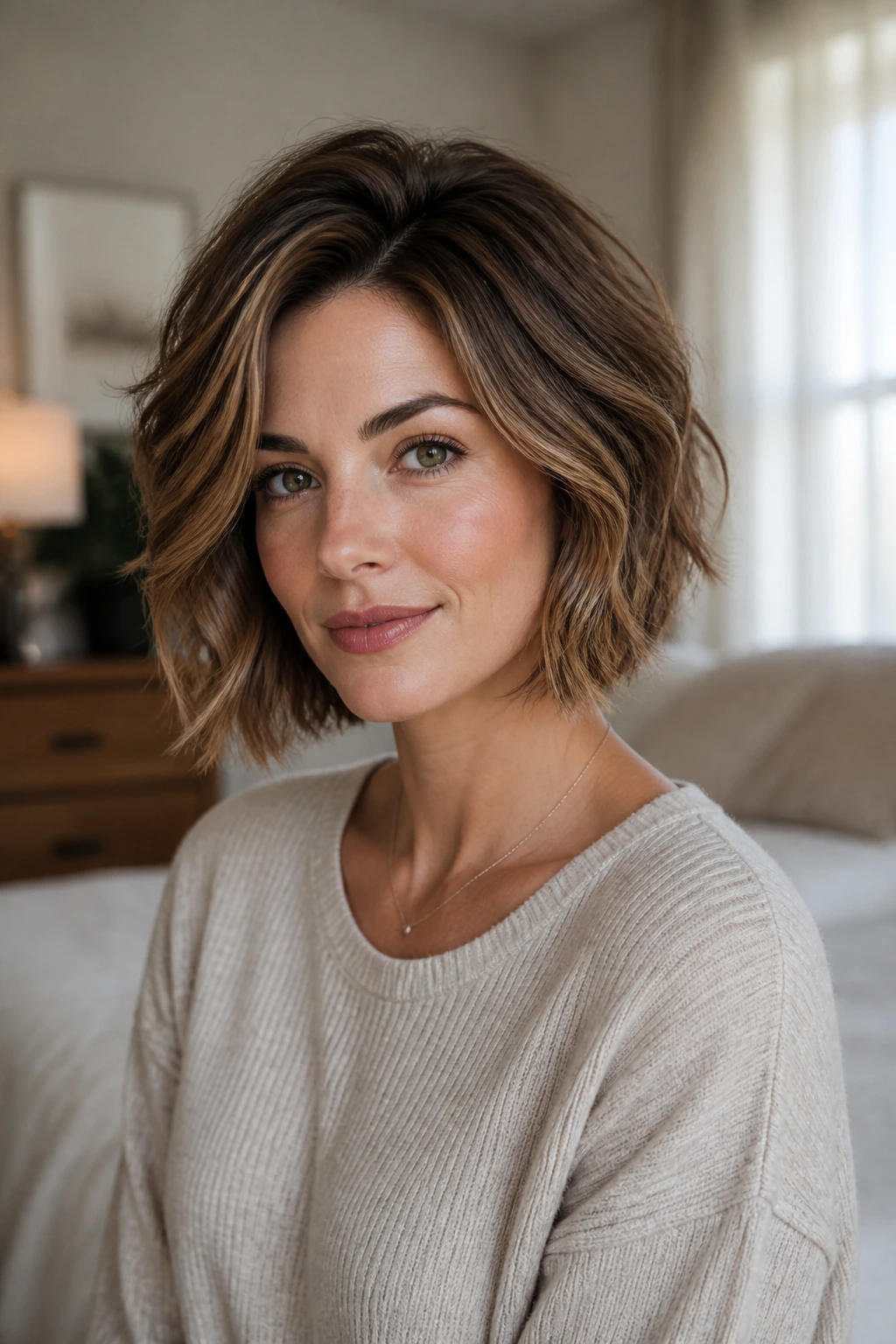 Close-up portrait of a real woman wearing a lifted-crown bob with soft window light