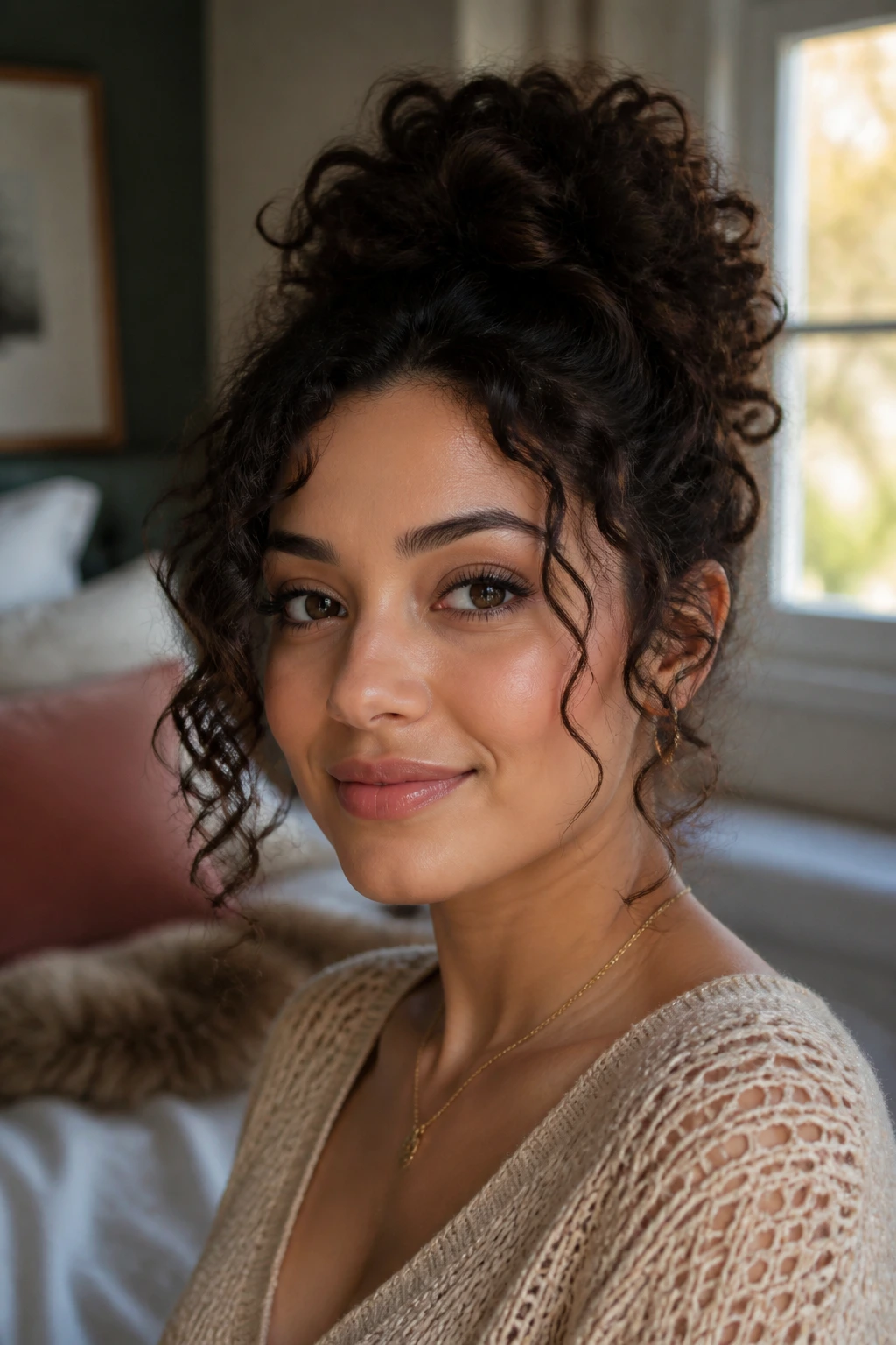 Real woman with lifted crown curls and cheek-framing side pieces