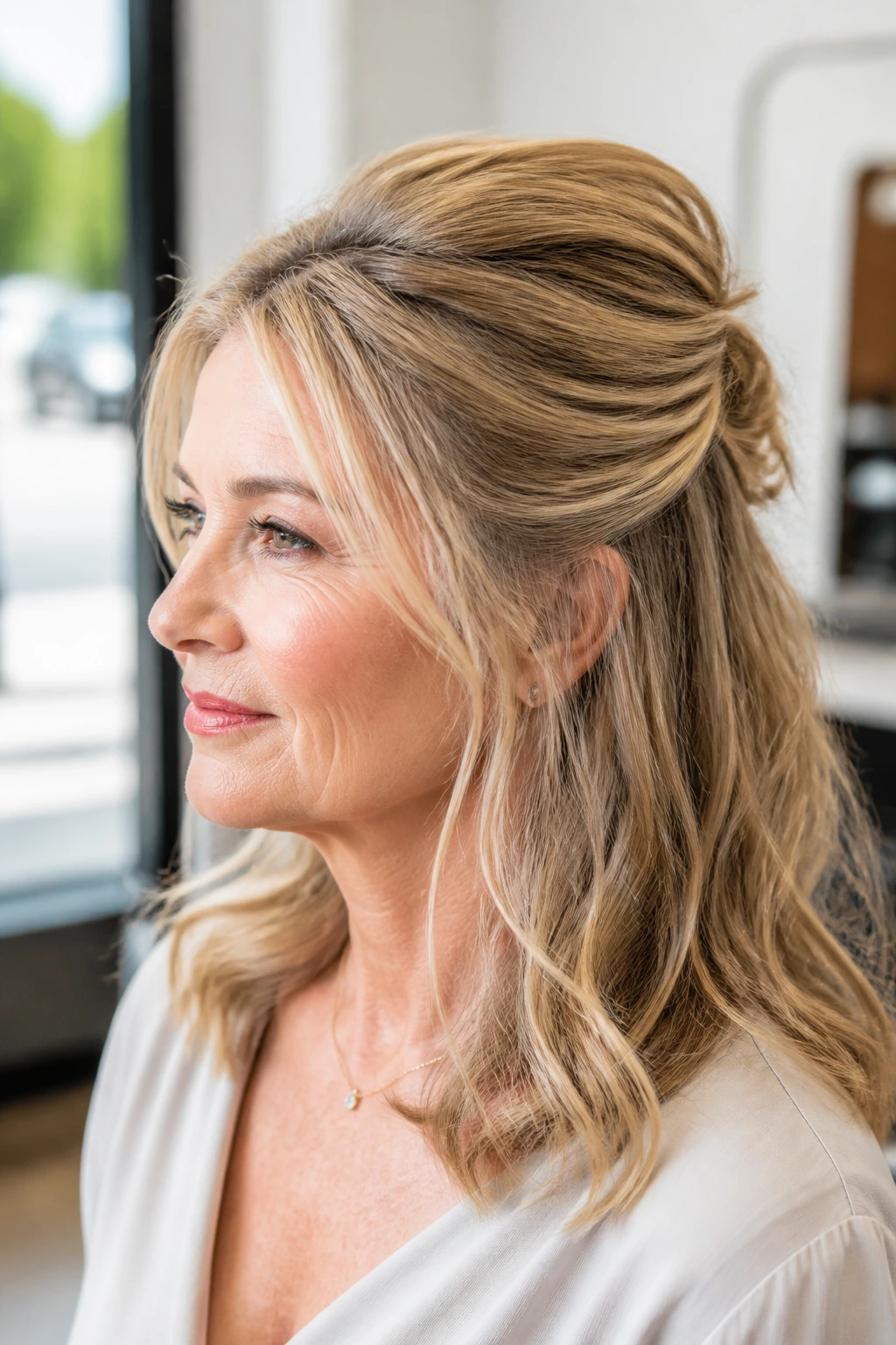 Close-up of a real woman with a lifted crown half-up hairstyle for fine hair.