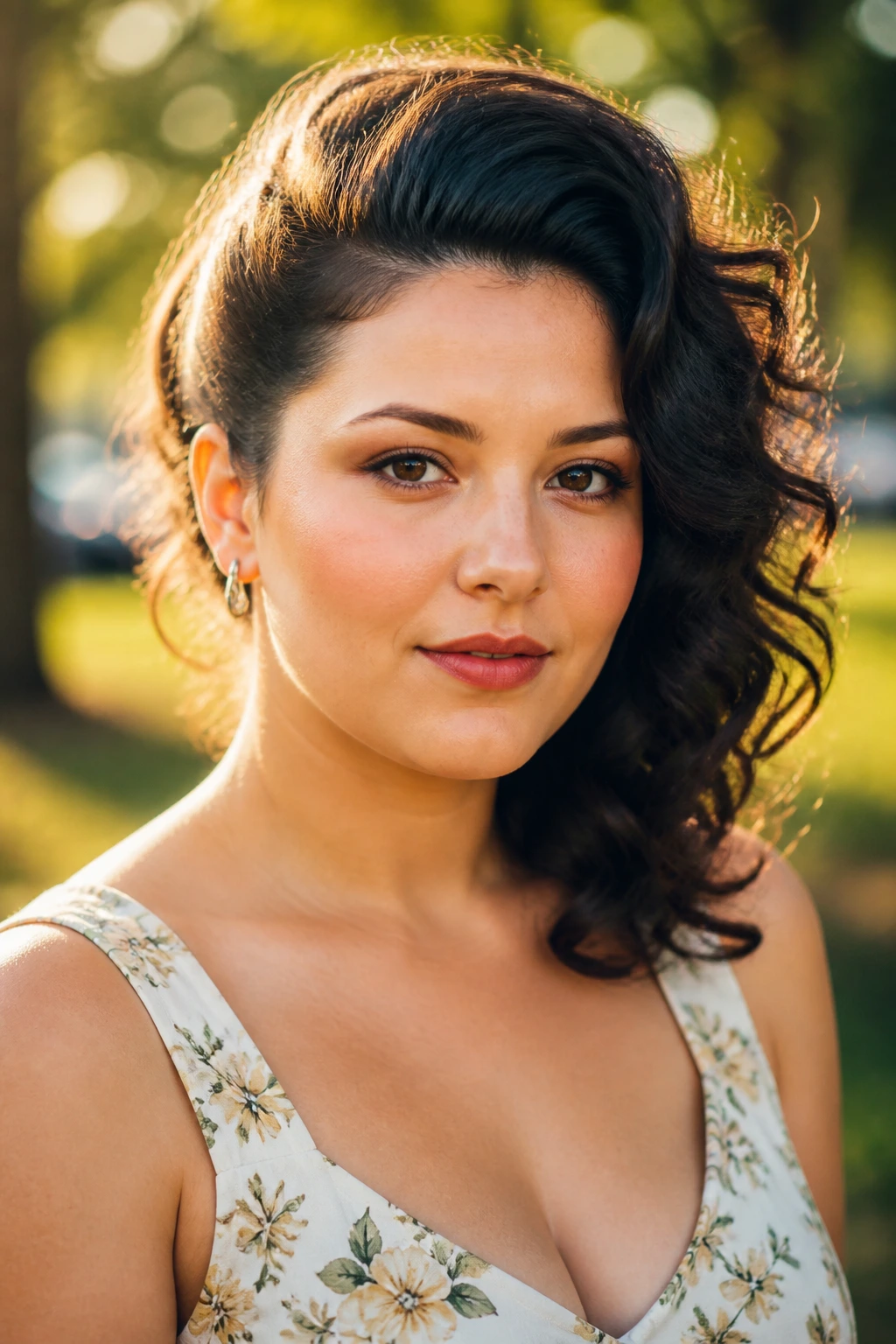 Portrait of a woman with lifted crown and swept wave in a timeless, modern-retro style outdoors.