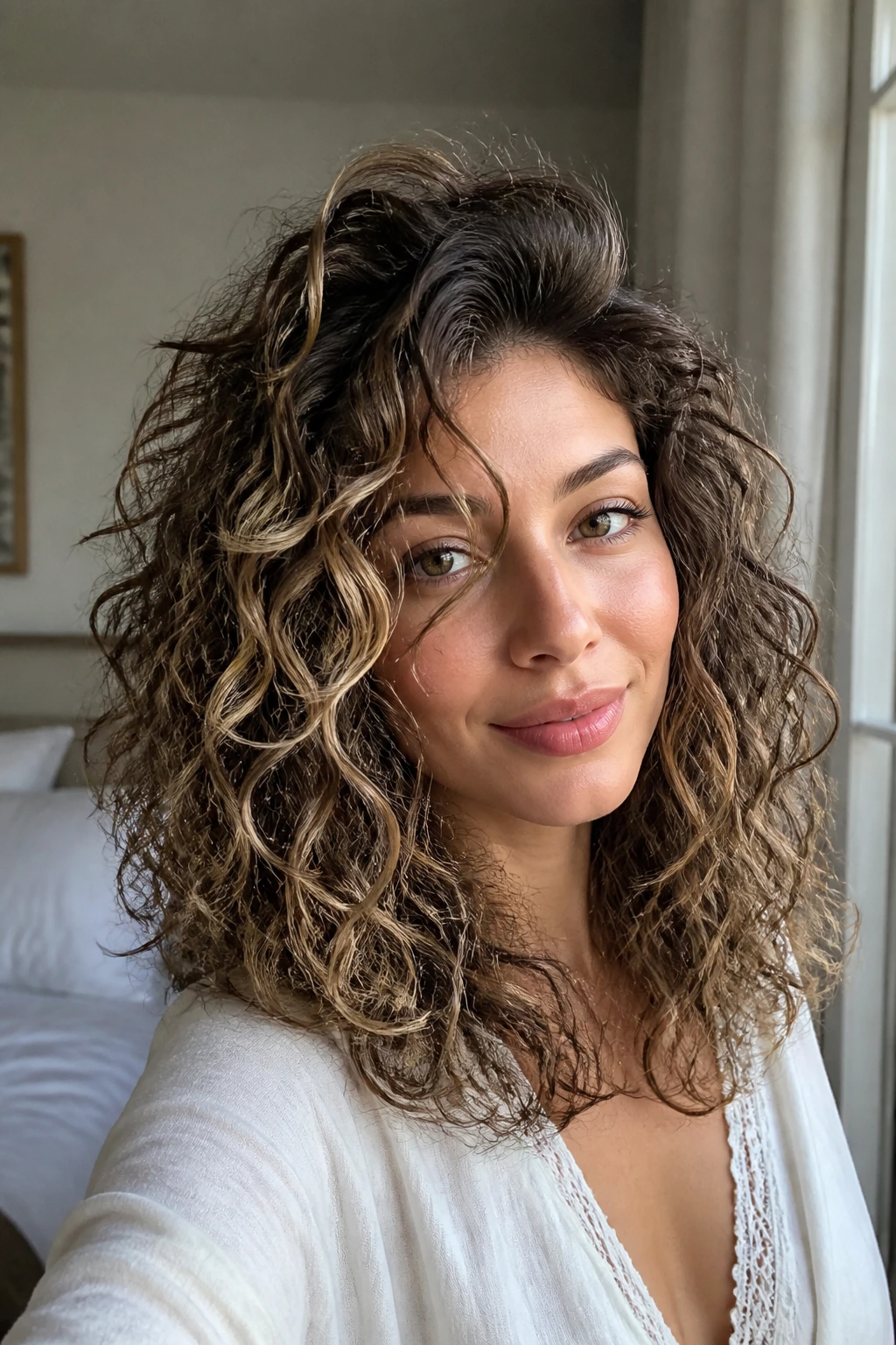 Close-up of a real woman with lifted crown and separated beachy waves in natural window light