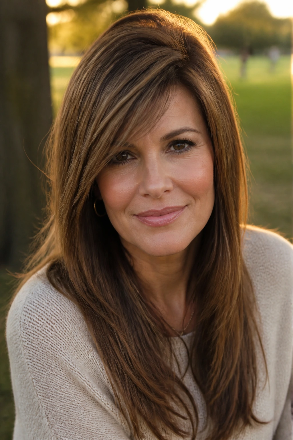 Close-up of a real woman with lifted diagonal fringe outdoors at golden hour