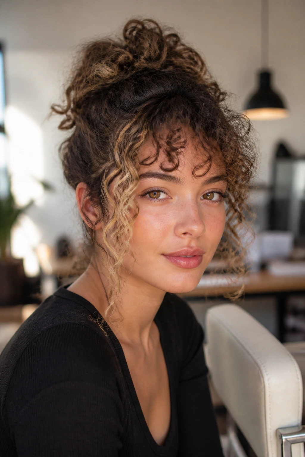 Real woman with lifted fringe and defined money piece in natural daylight