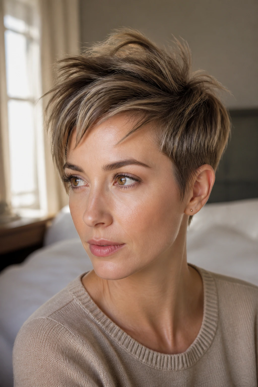 Close-up of a real woman with a pixie cut showing lifted crown and matte-edged ends under warm window light
