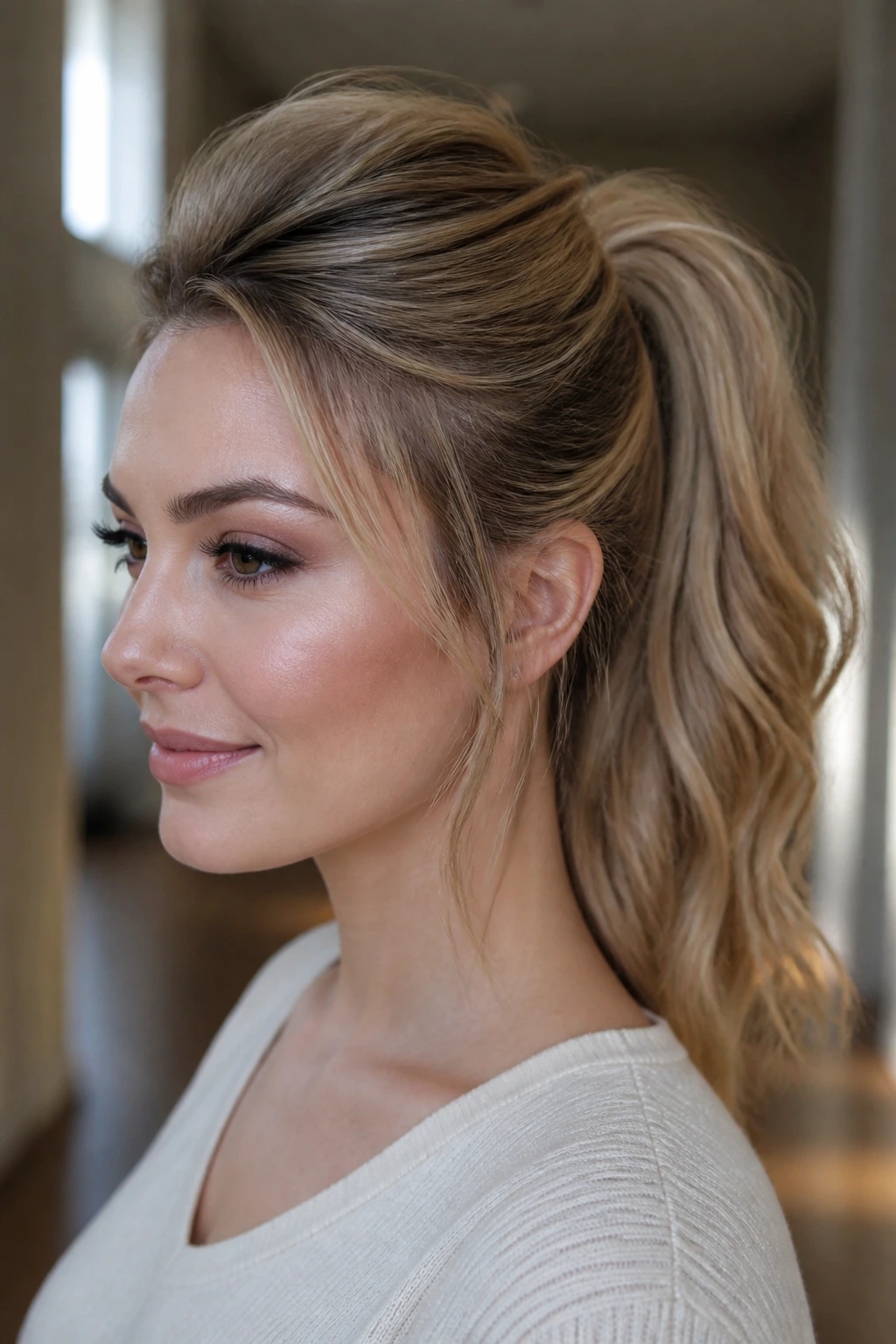 Portrait of a real woman with a lifted ponytail and crown puff