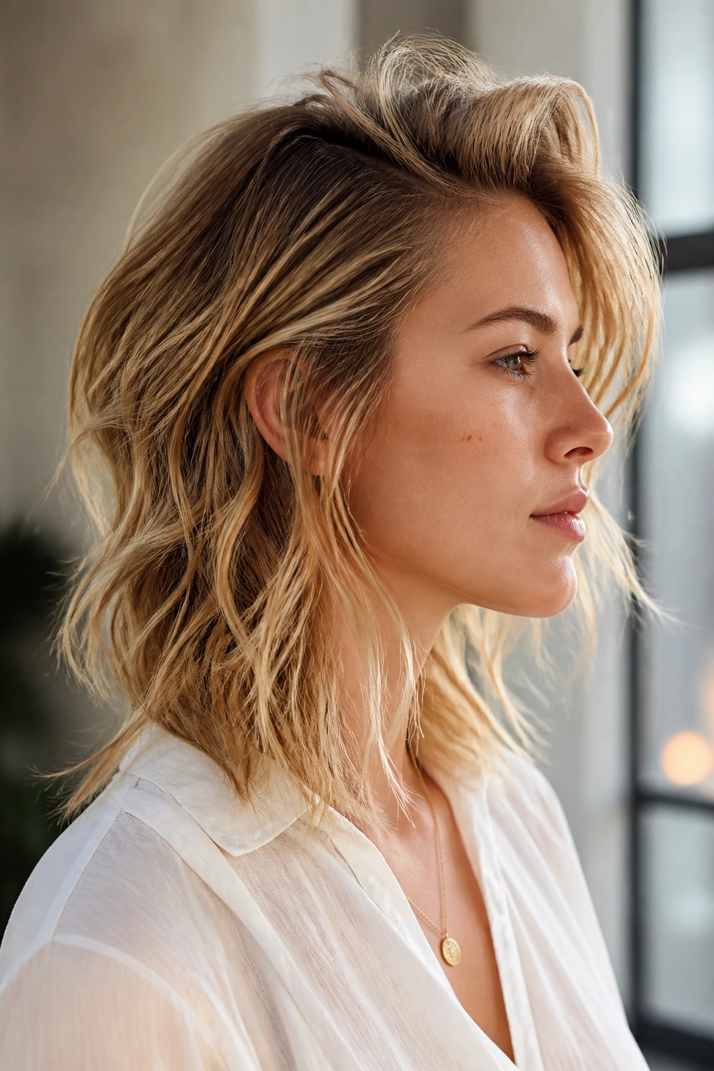 Portrait of a real person with lifted roots and beachy waves