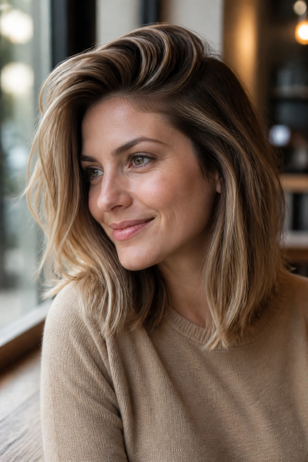 Close-up portrait of a real woman with a side-swept shoulder cut and lifted roots