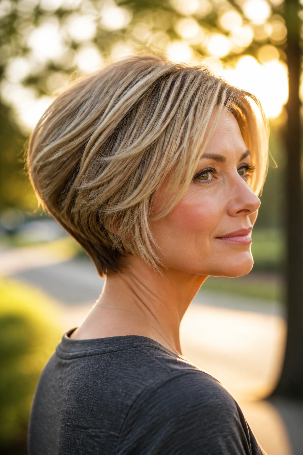Close-up portrait of a real woman with a lifted back in a stacked haircut during golden hour