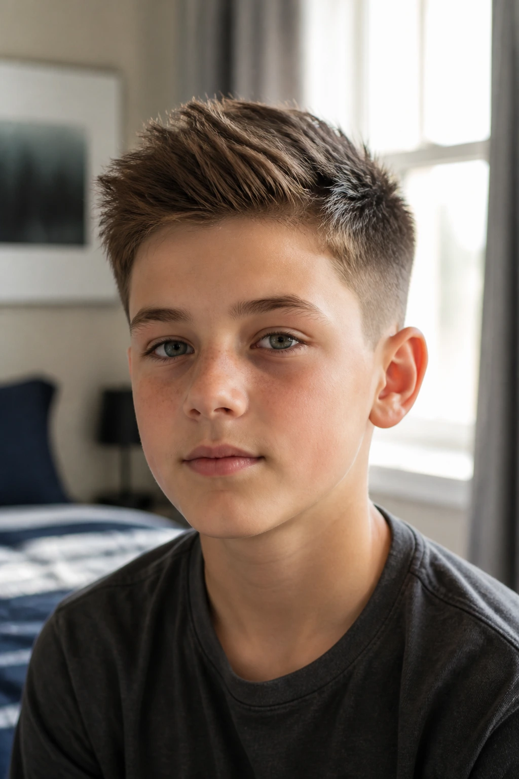 Portrait of a real boy with lifted top hairstyle in a bedroom.
