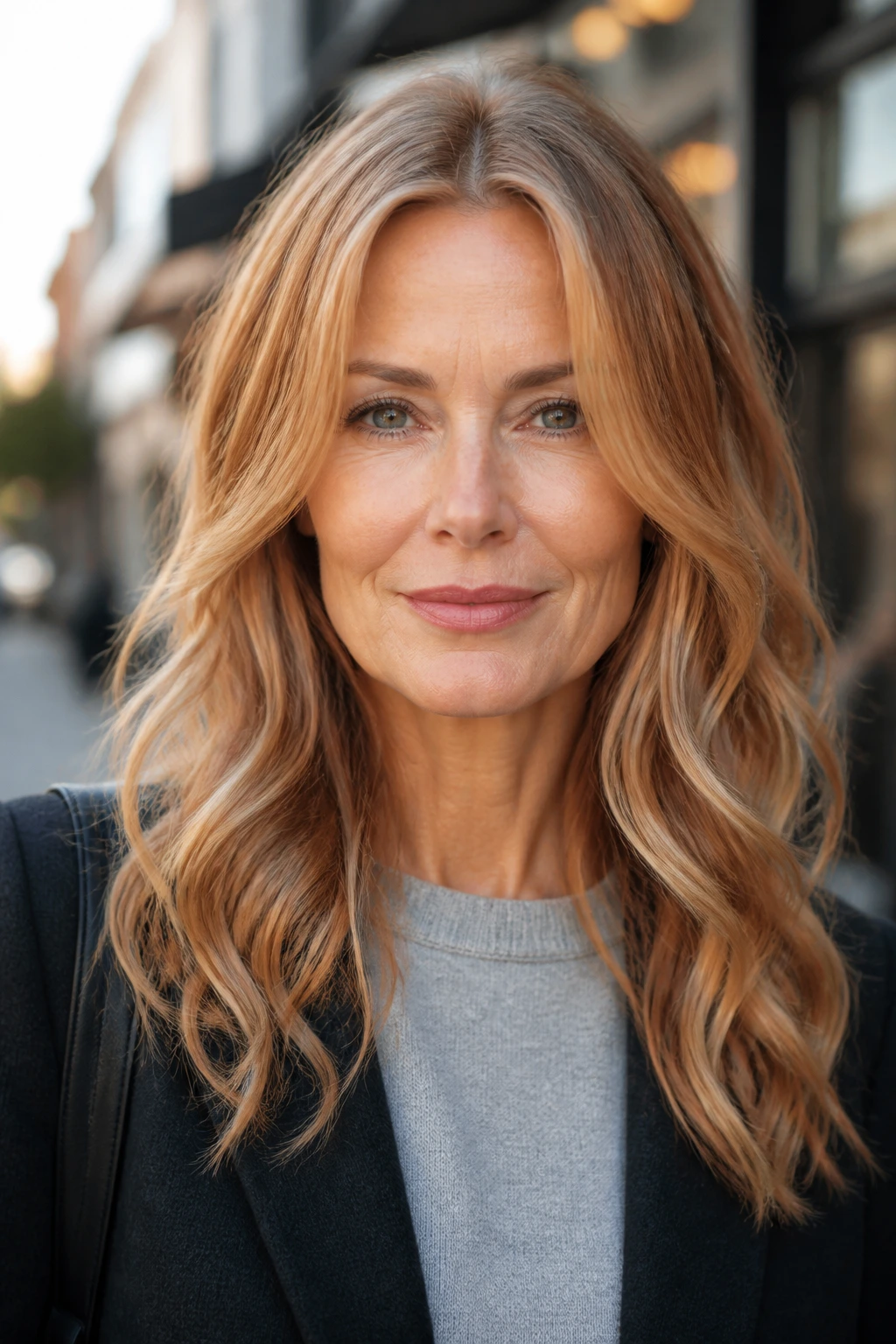 Close-up of a real woman with light copper face frame on a dark blonde base in natural street light