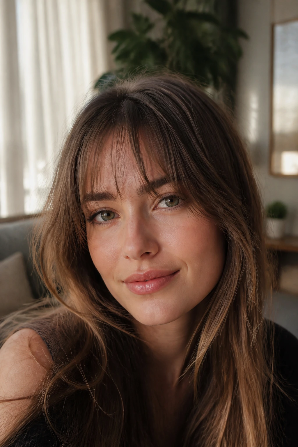 Real woman with light French girl bangs in airy daylight
