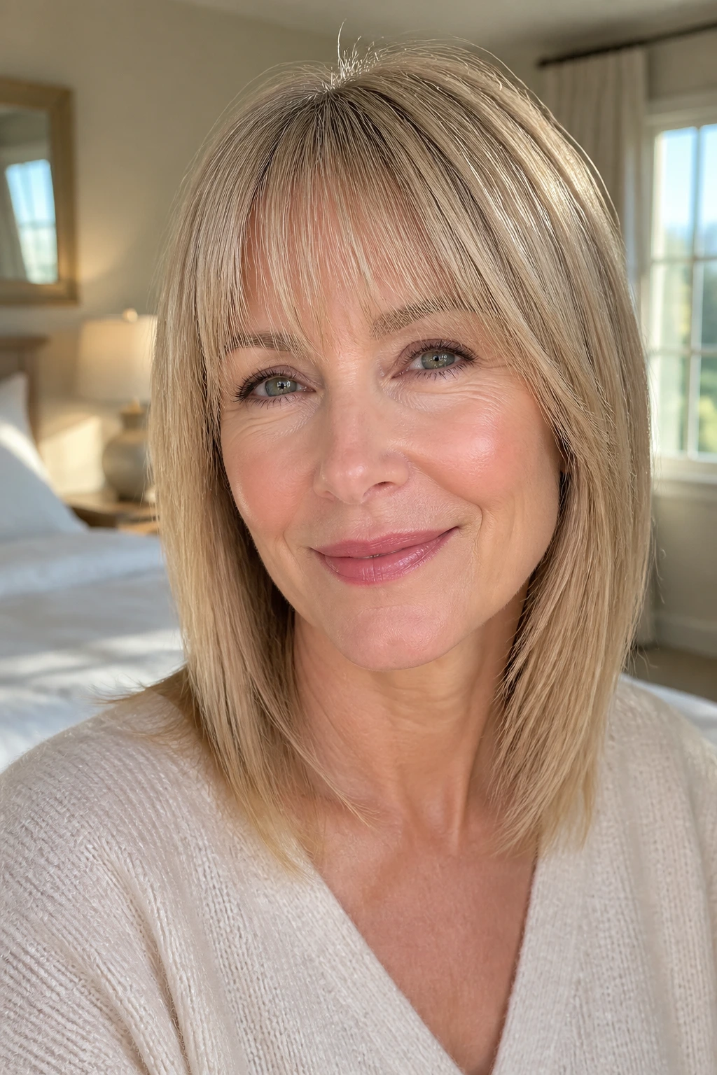 Close-up of a real woman with a light wispy fringe on straight fine hair in a sunlit room