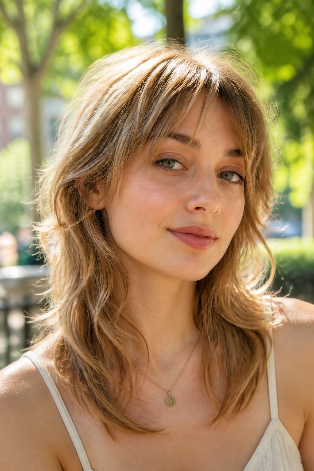 Close-up of a woman with a light wolf cut featuring crown lift and face-framing pieces.