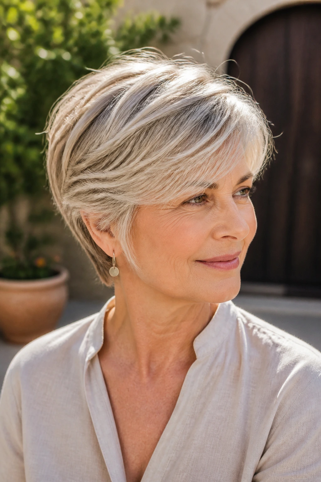 Portrait of a real woman with a lighter-feeling haircut showing lift and movement.