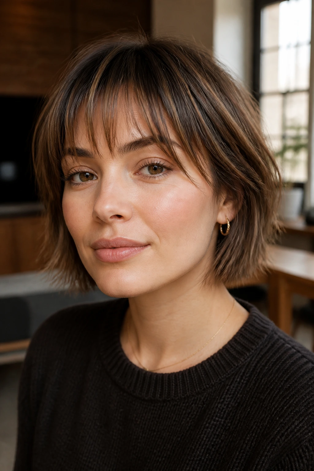 Close-up of real woman with lightly disconnected bangs in warm apartment light