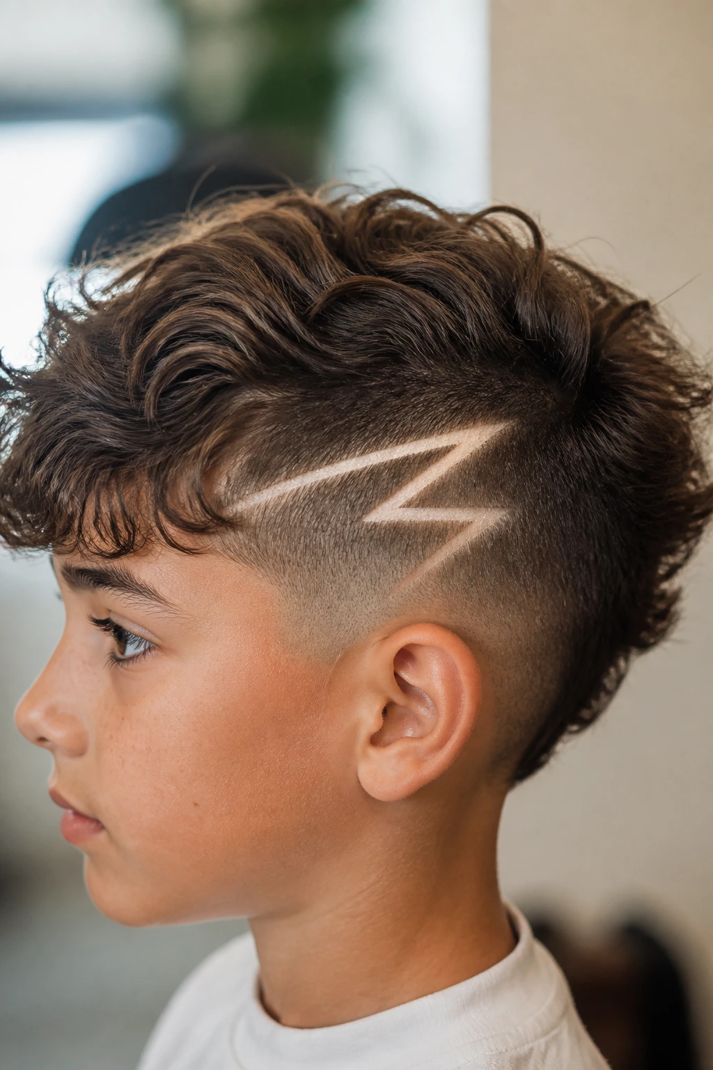 Close-up of a boy's head with a bold lightning bolt on wavy hair showing crisp lines.