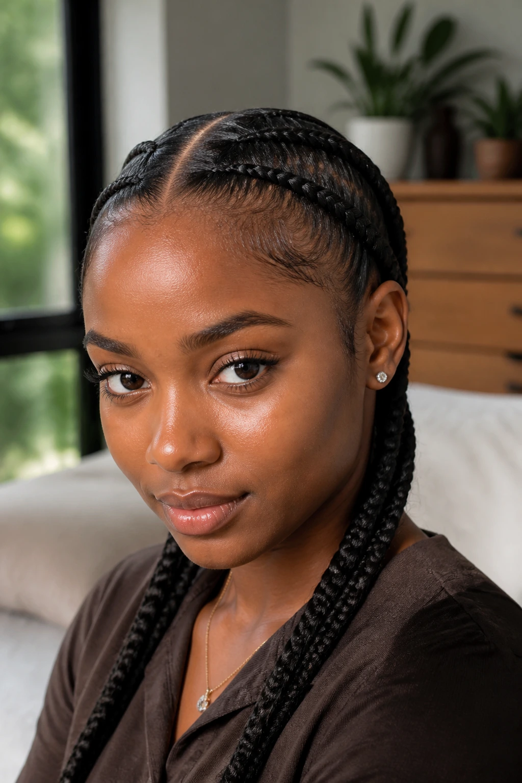 Close-up of a real woman with lightweight, neatly parted pigtail braids sitting on the scalp