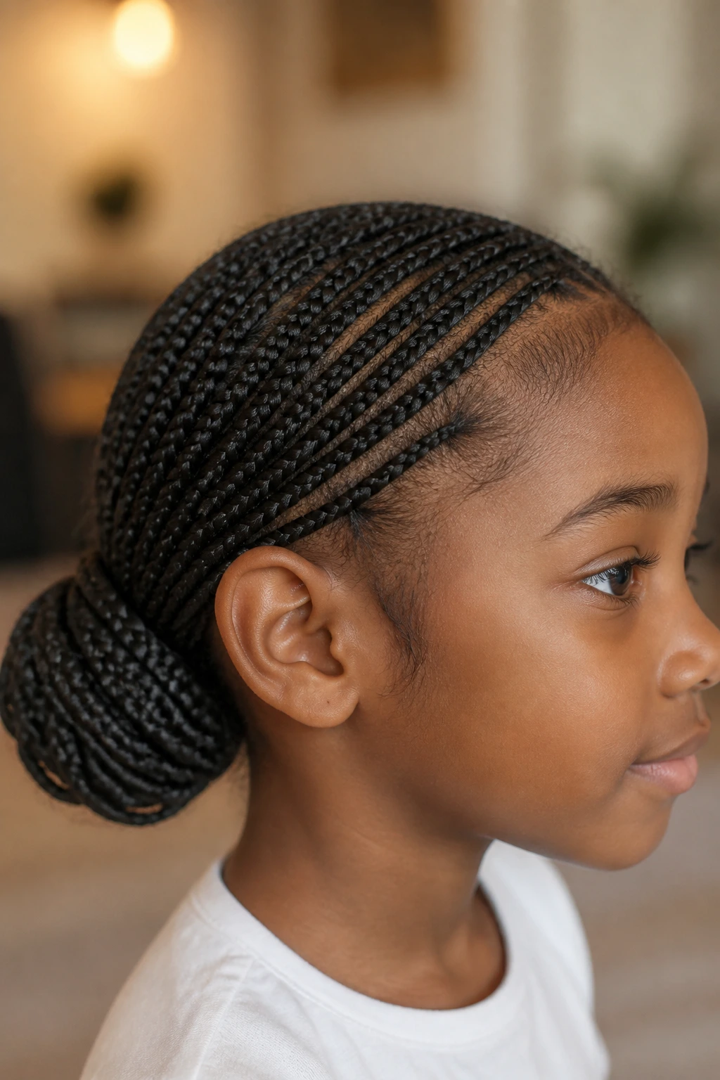 Close-up of a real child with a lightweight bun made of box braids