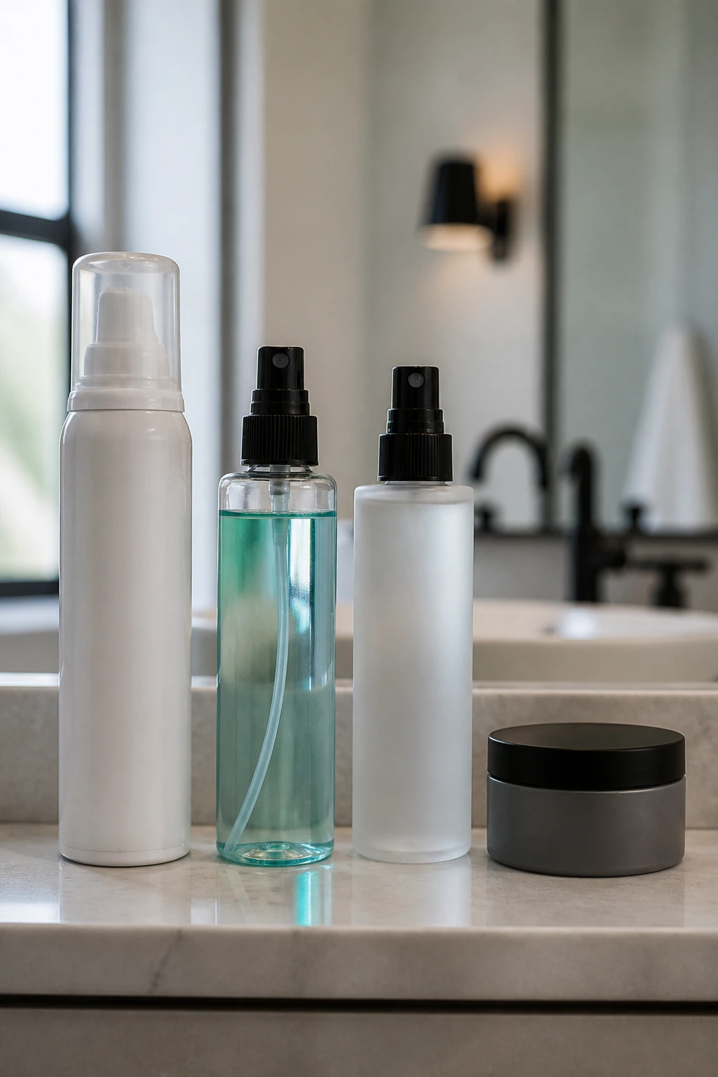 Unlabeled lightweight hair products arranged on a bathroom shelf for fine hair
