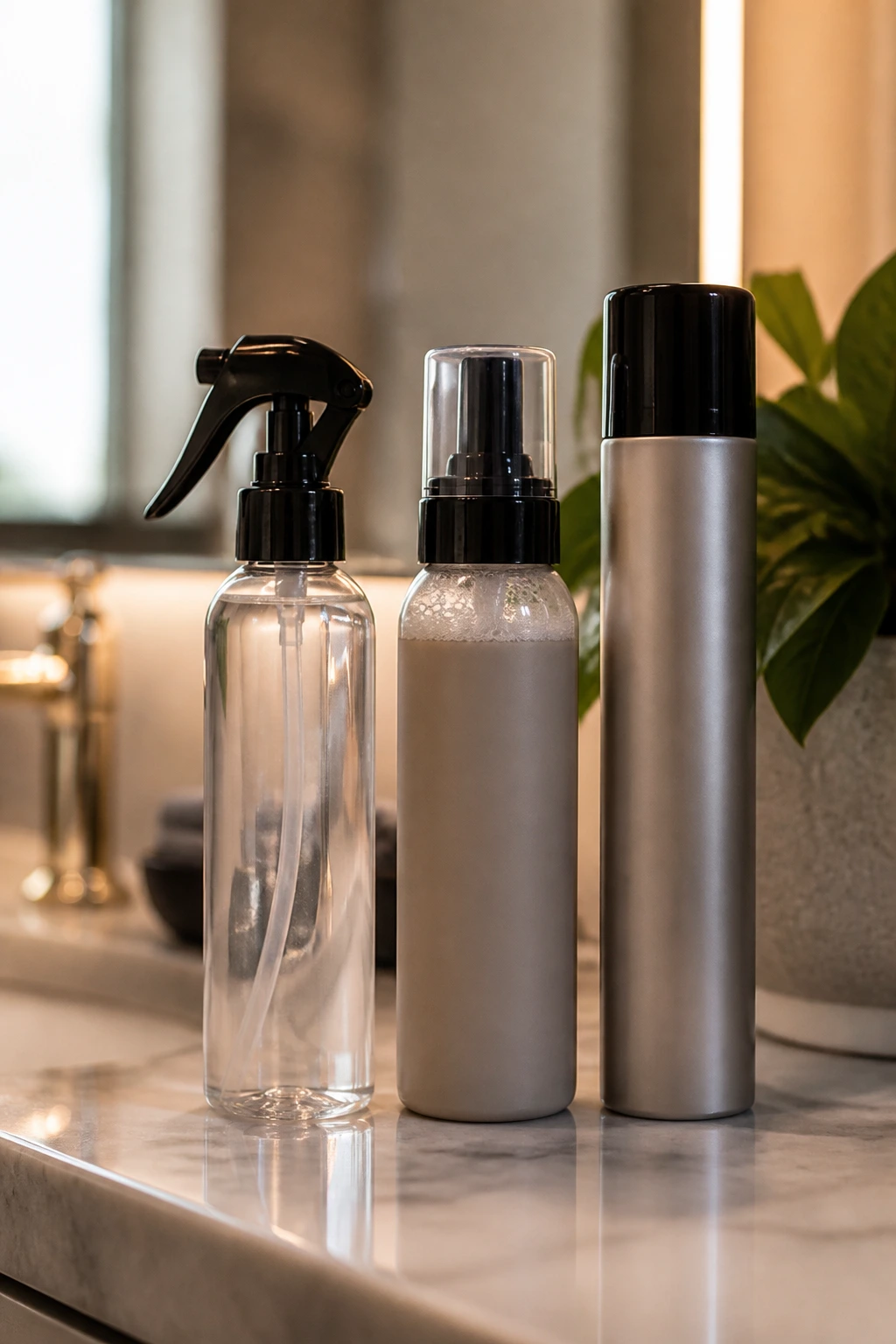Unbranded hair products arranged on a vanity
