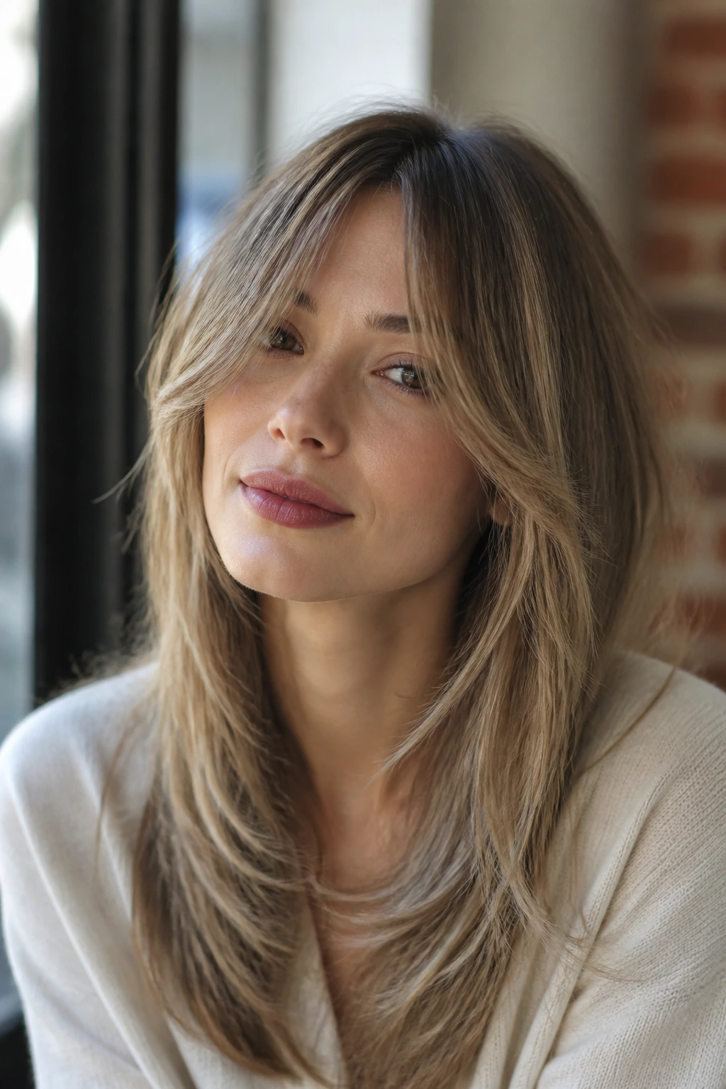 Close-up portrait of a real woman with lightweight long bangs for fine hair