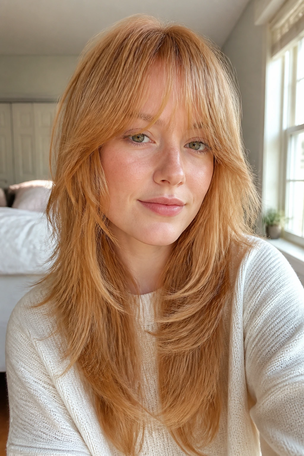 Close-up portrait of a real woman with lightweight shag for fine strawberry-blonde hair