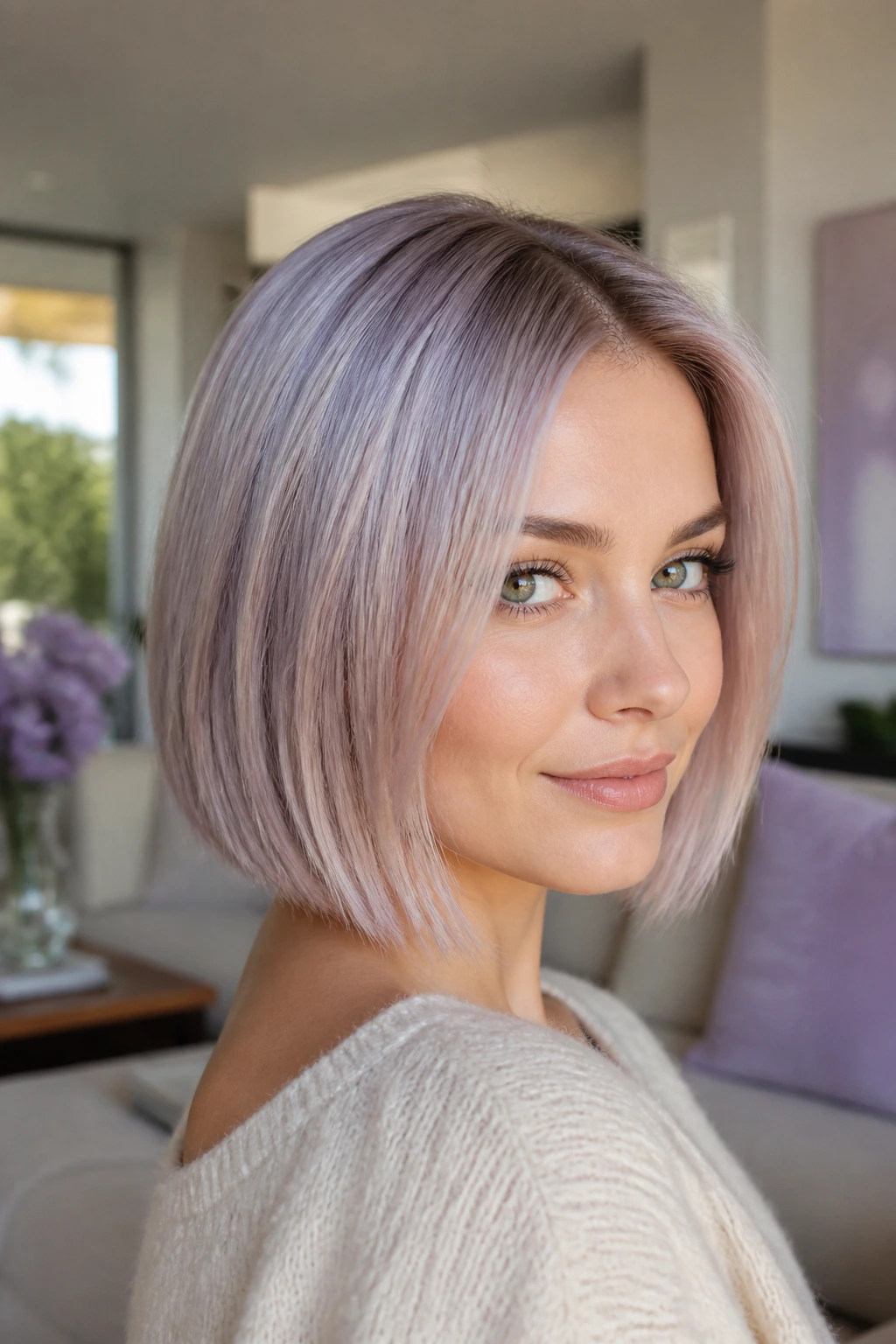 Close-up of lilac-iced ash bob on real woman