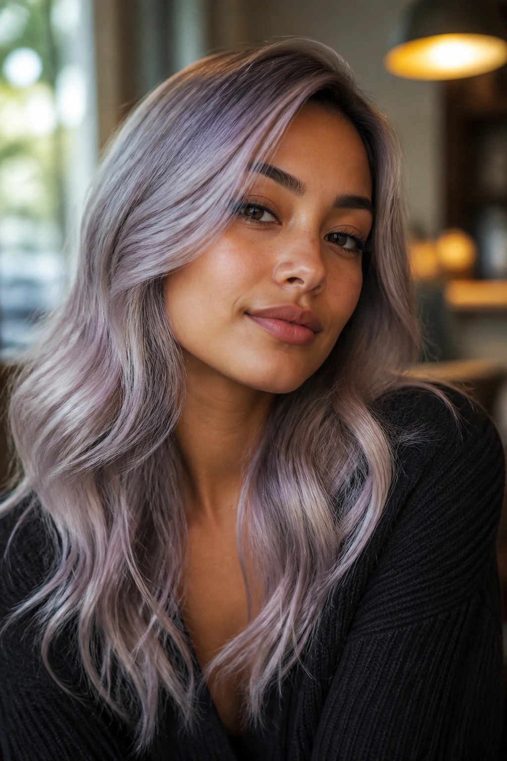 Portrait of a person with subtle lilac-silver hair on olive skin.
