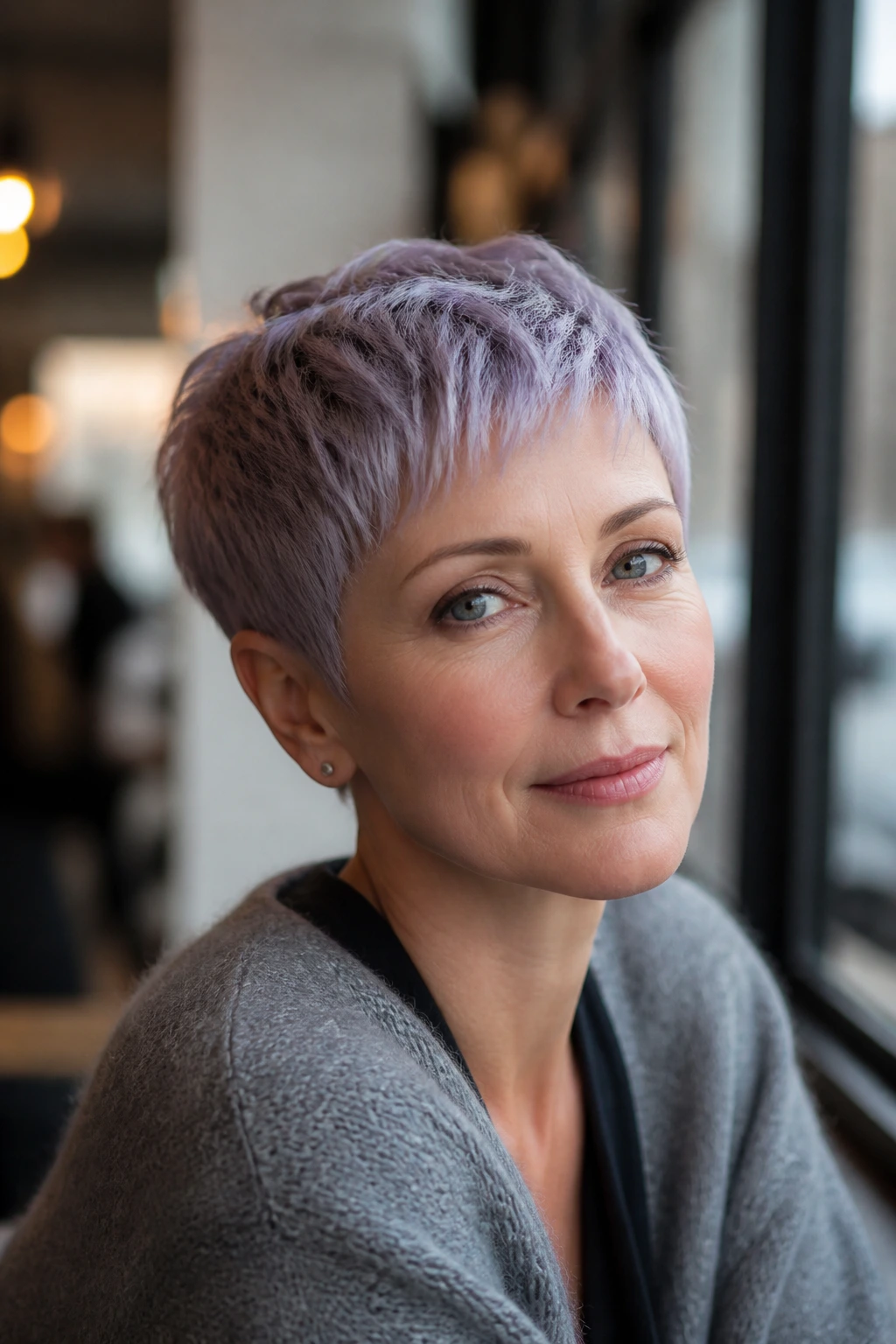 Close-up of a real person with lilac silver pixie cut in cafe window light.
