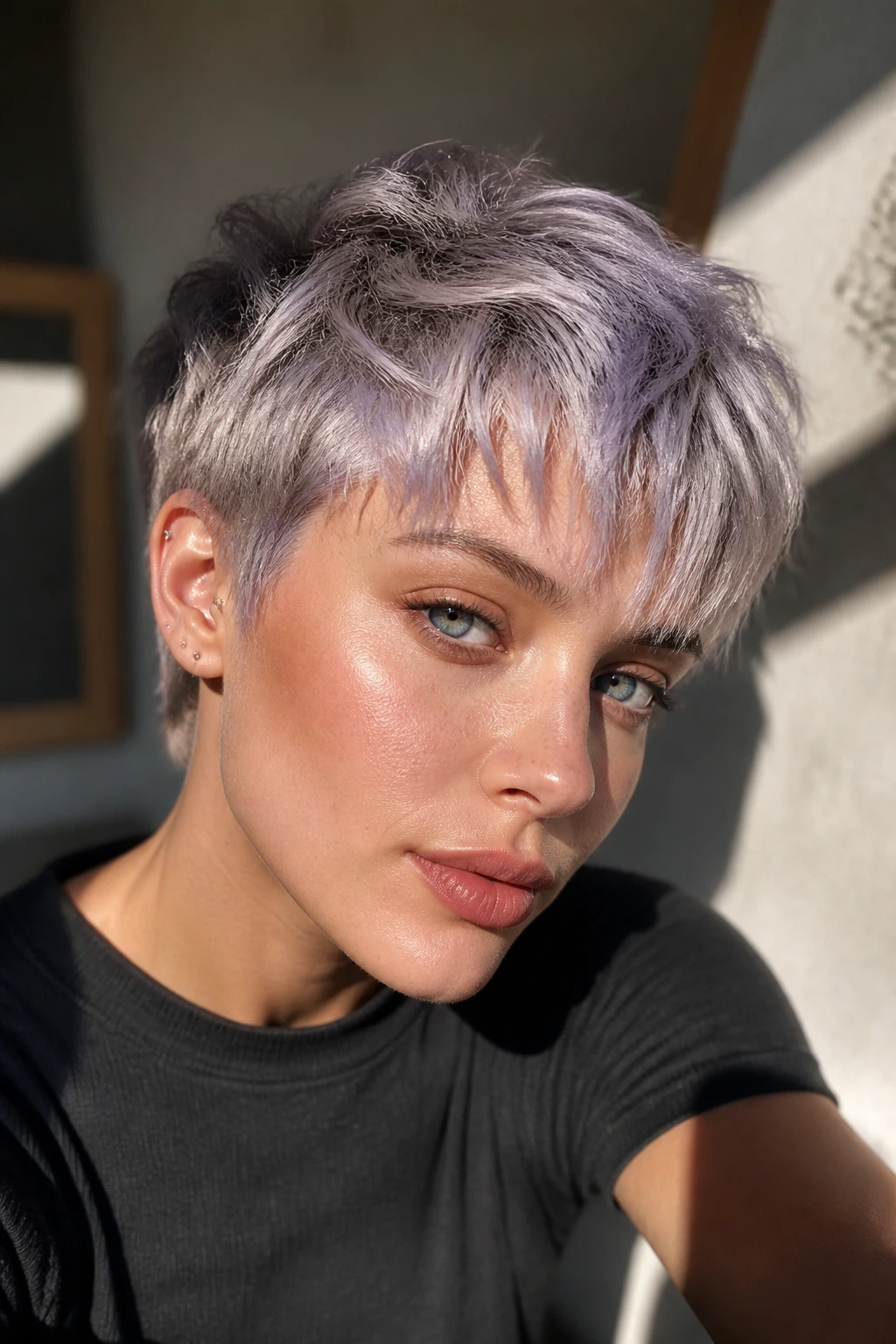 Close-up portrait of a person with lilac-silver short hair