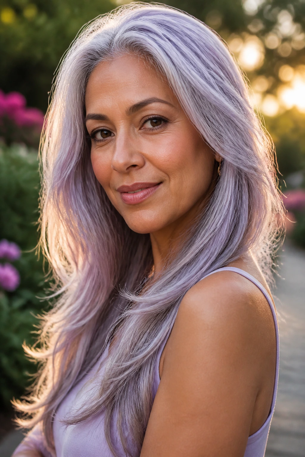 Close-up portrait of a woman with lilac tinted silver hair