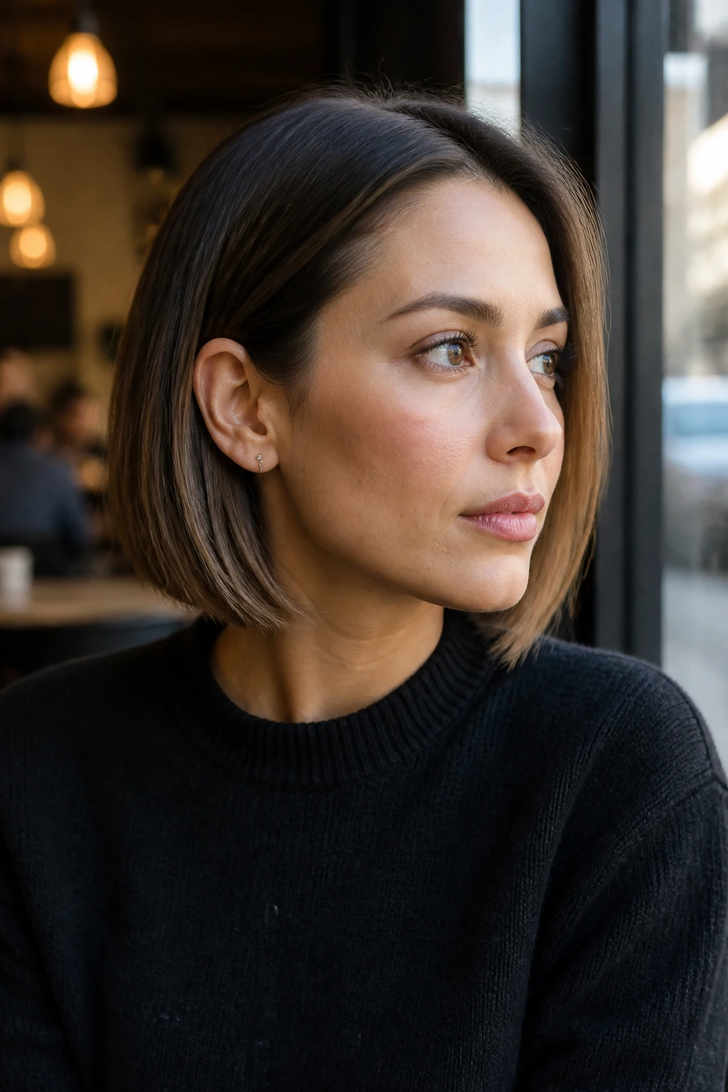 Real person with crisp line bob in natural daylight setting