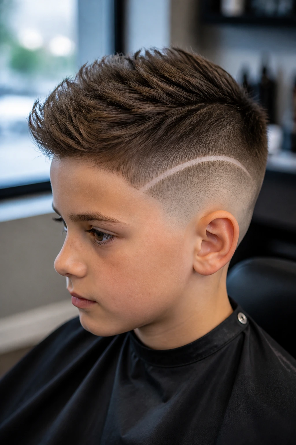 Close-up of a real boy with a single shaved line detail undercut