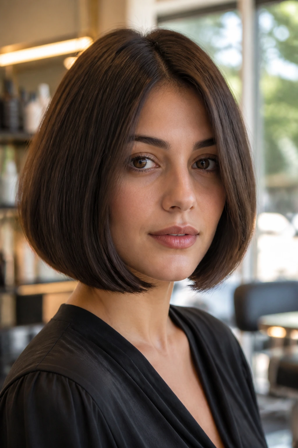 Close-up portrait of a person with a sharp line haircut in a cozy modern salon.