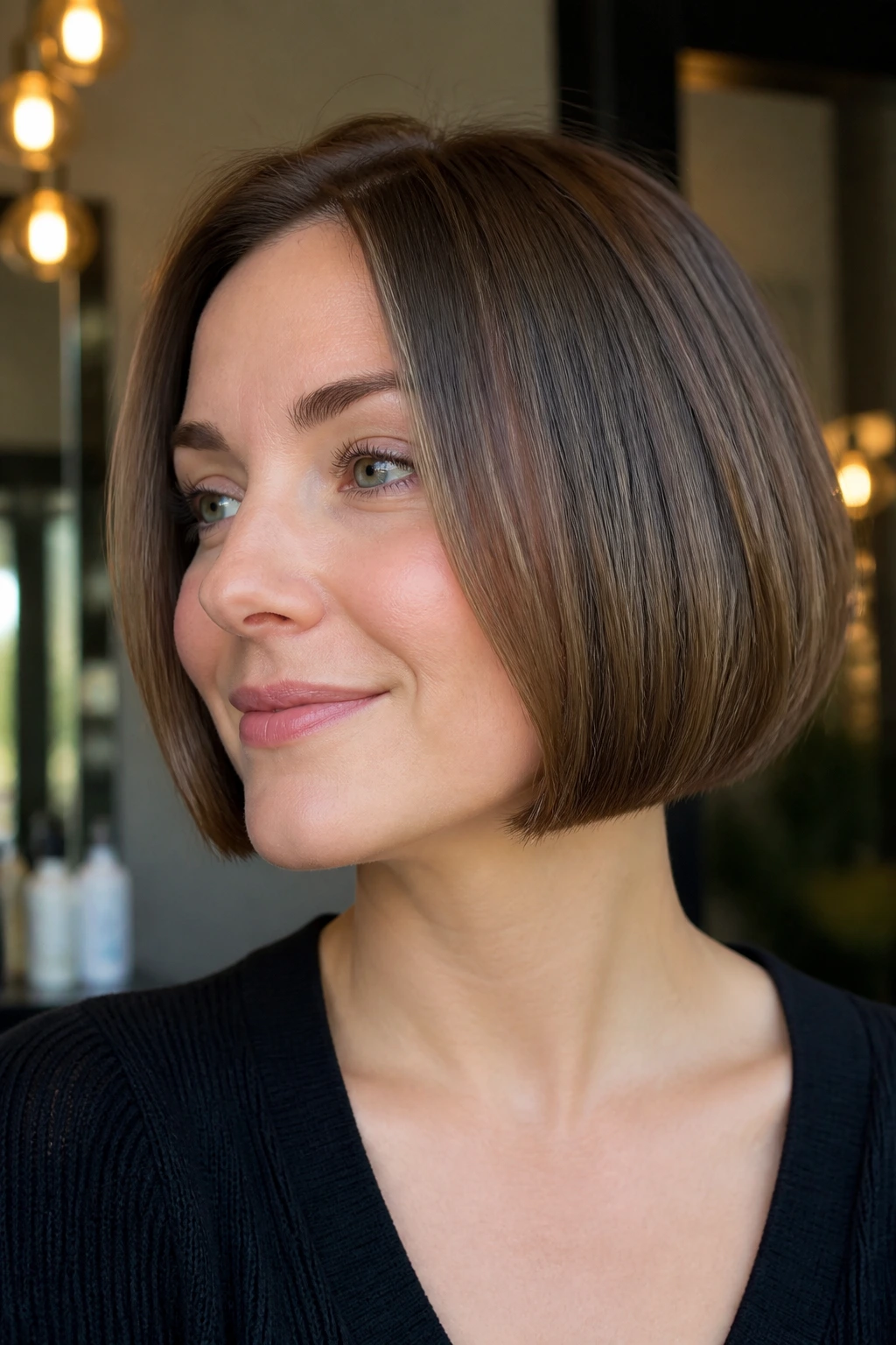 Portrait of woman with a strong defined line on chin-length bob