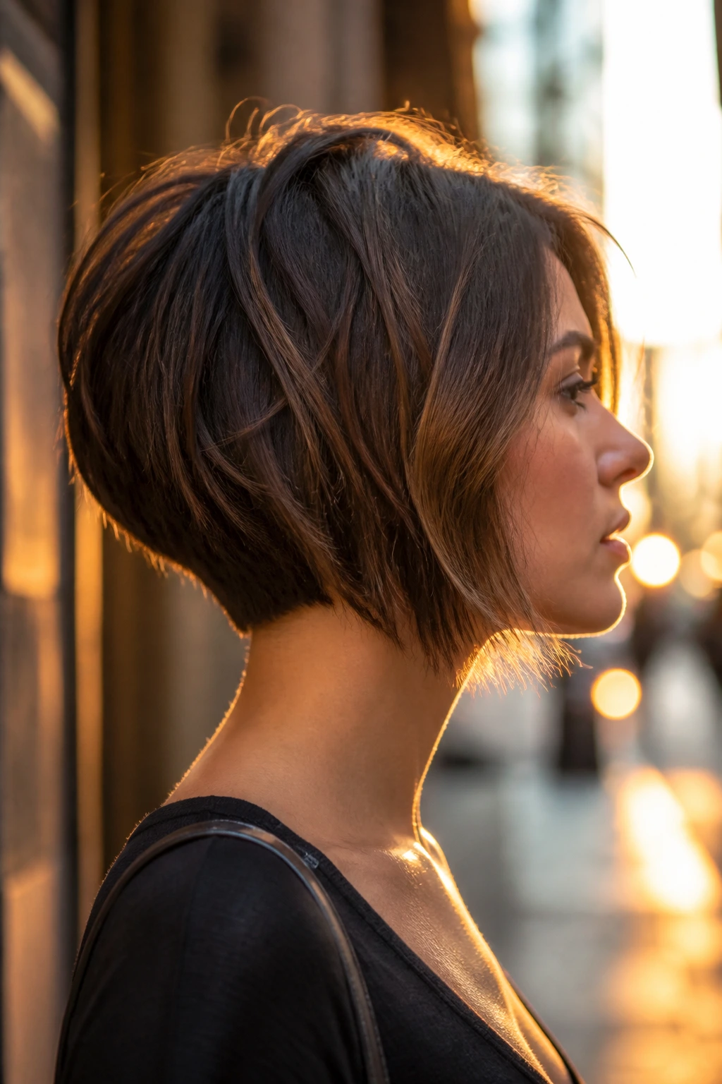 Profile view of a real person with a crisp inverted textured bob line.
