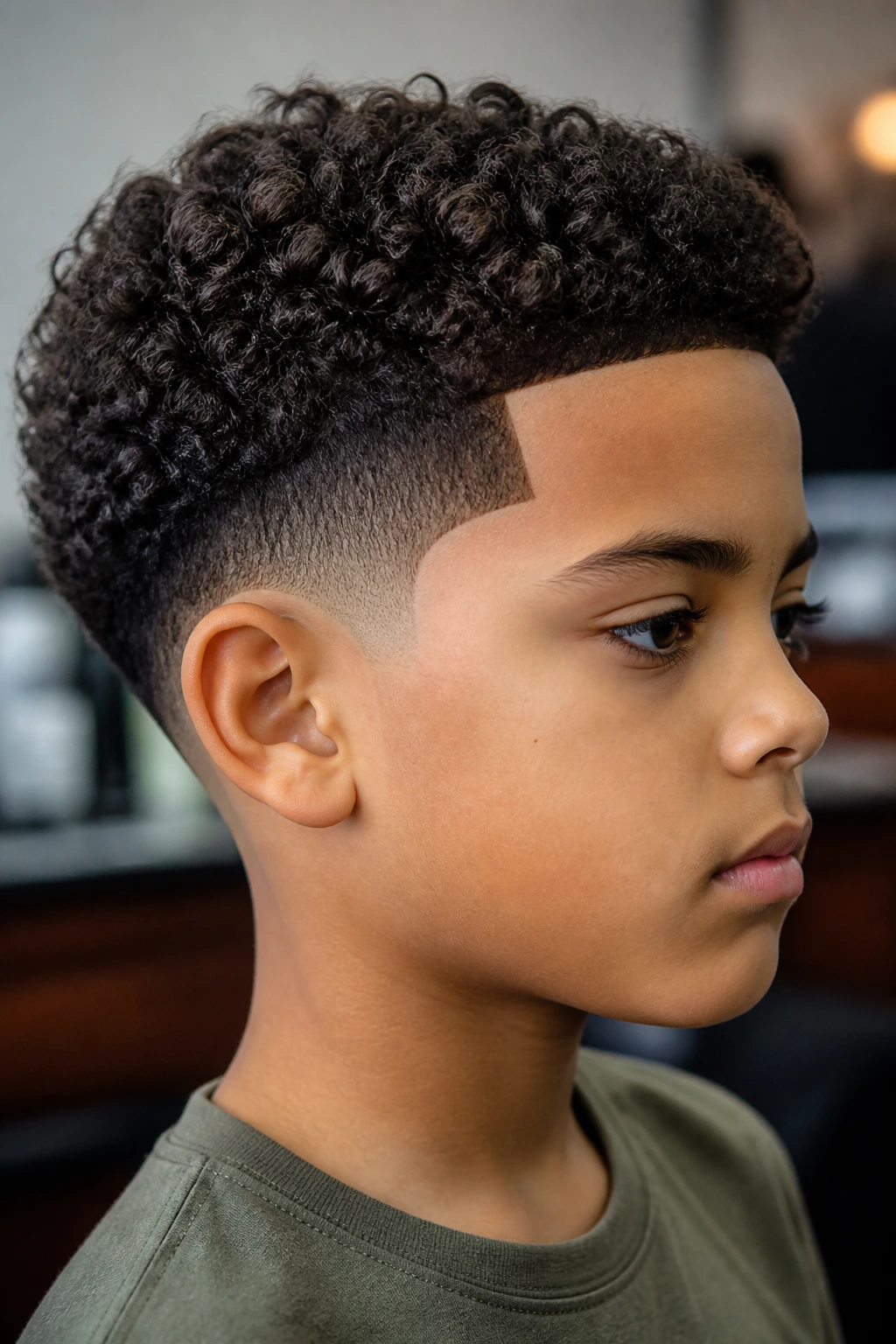 Close-up of a real child with sharp line-up and low taper fade