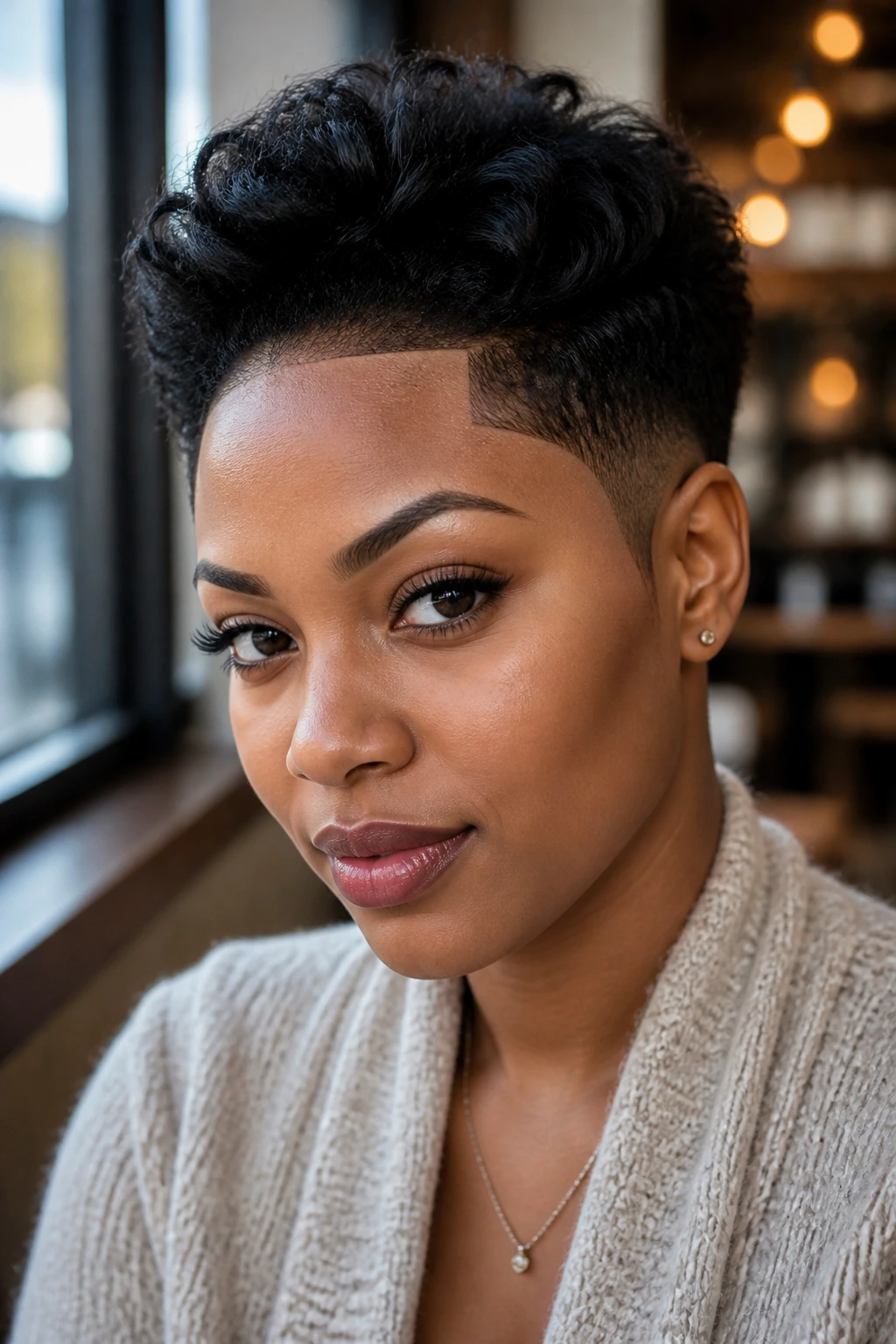 Portrait of a Black woman with a crisp line-up and two-block haircut