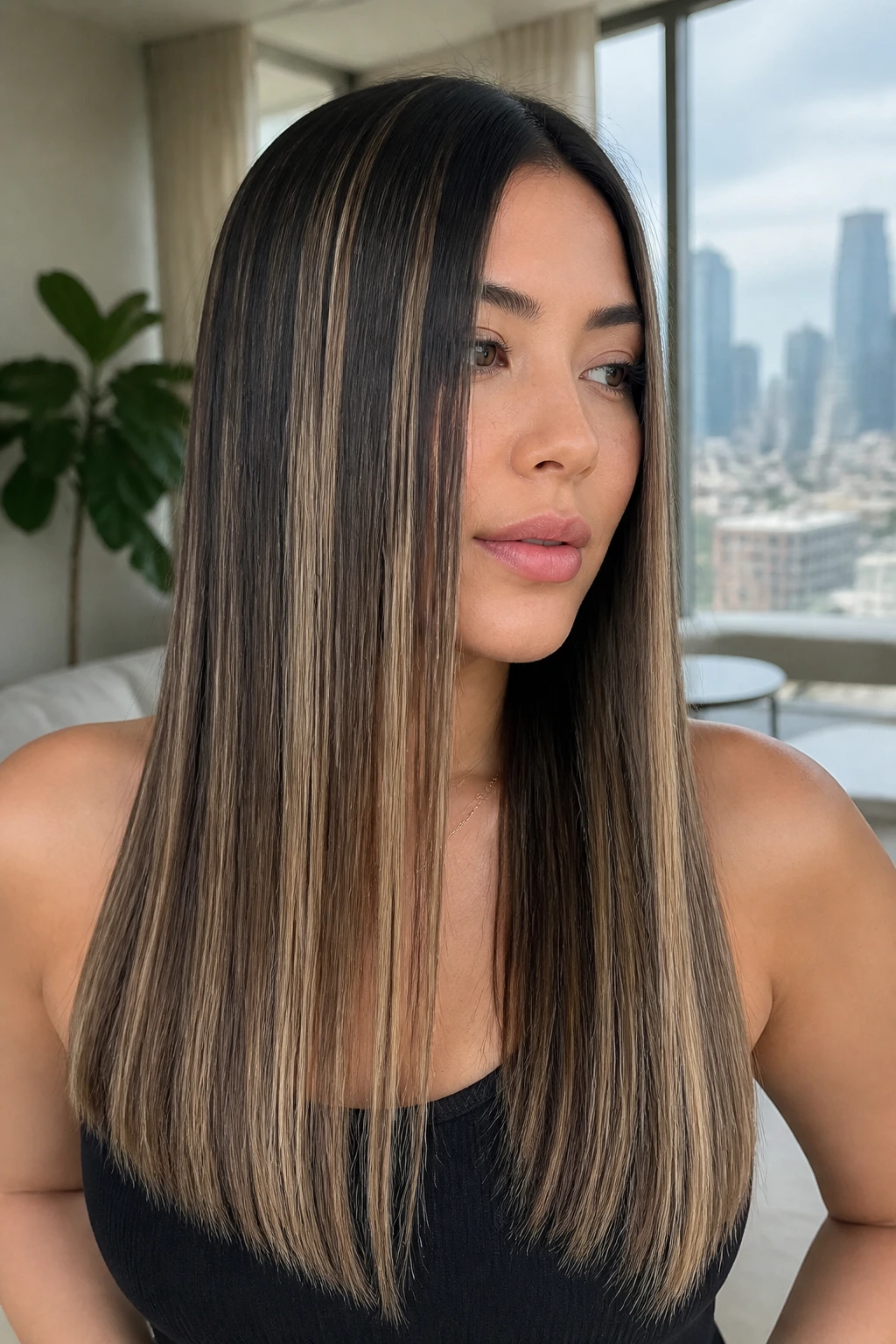 Close-up of a woman with straight sleek hair and linear foils