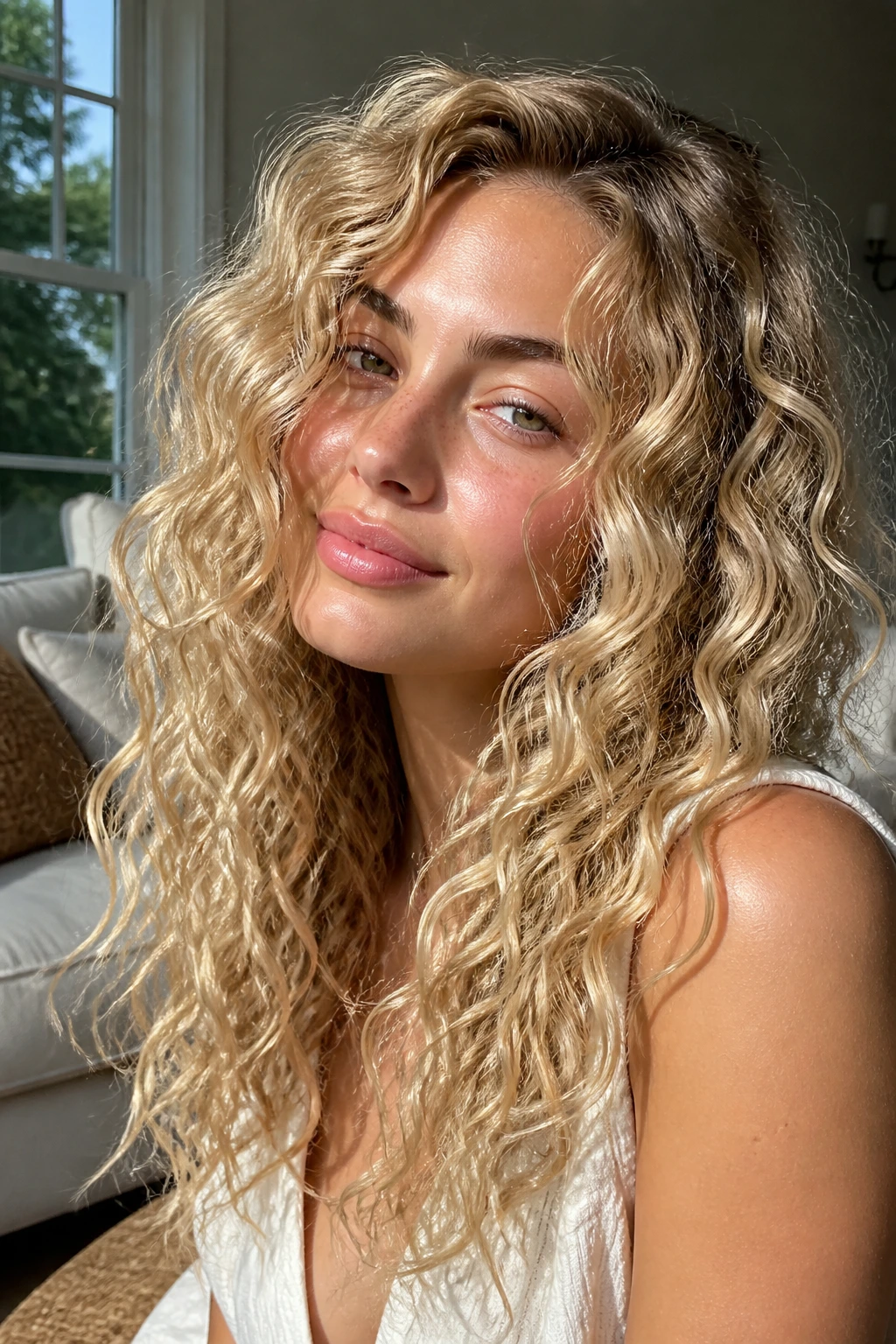 Close-up of a woman with linen blonde curls in a sunlit living room