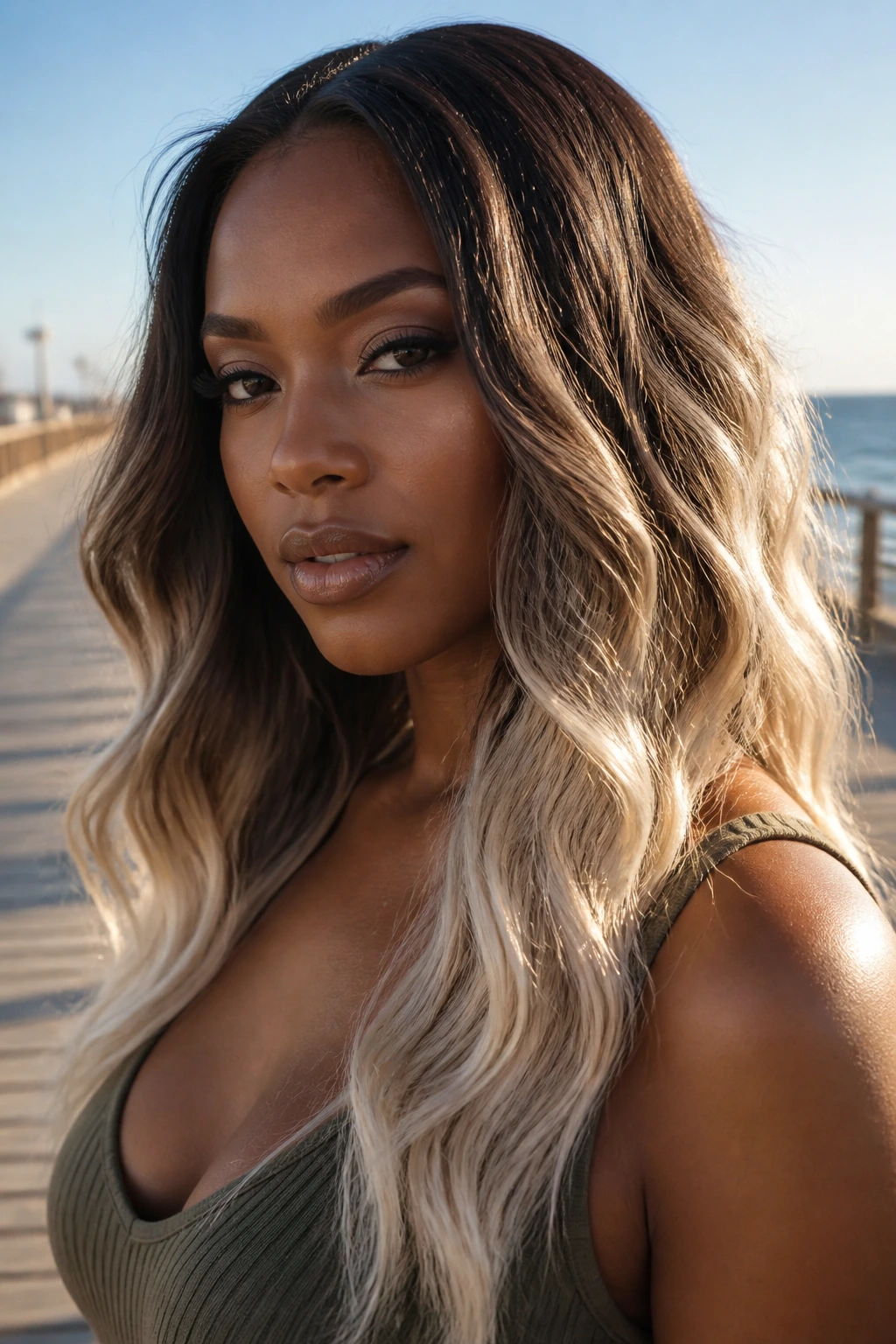 Portrait of a real person with linen blonde ends on soft waves.