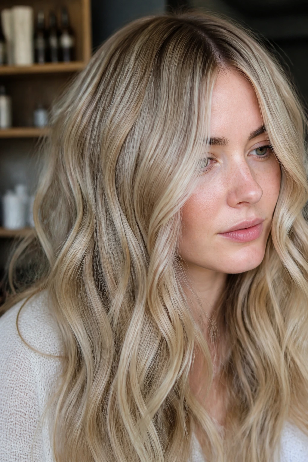 Close-up of a real woman with linen blonde hair and olive lowlights