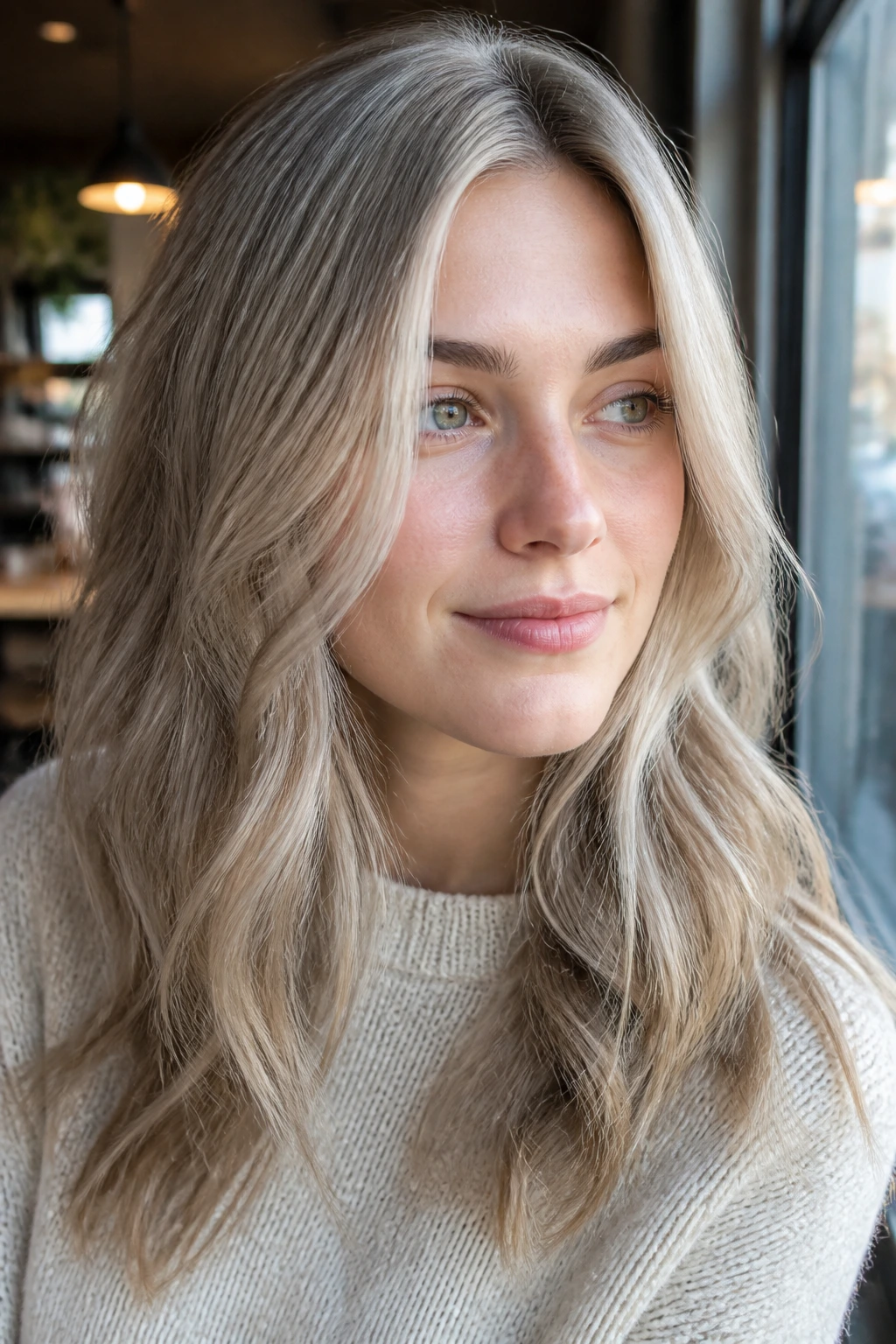 Close-up portrait of linen blonde hair with oyster toning