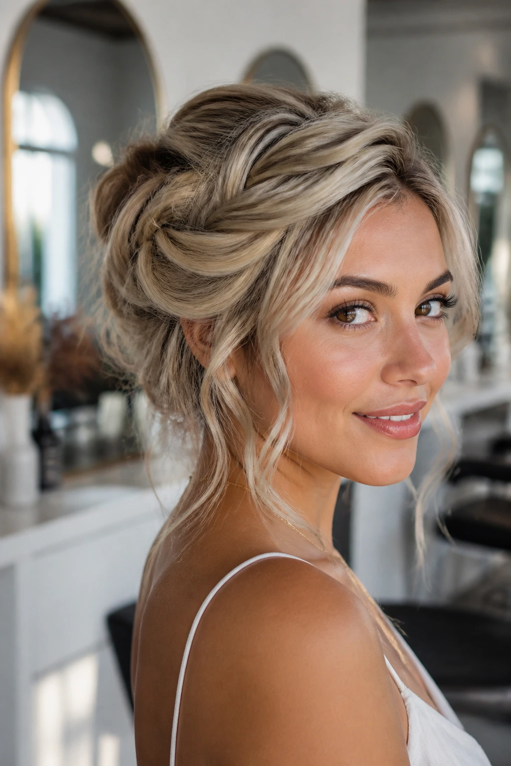 Close-up of real woman with linen blonde twisted updo under natural light