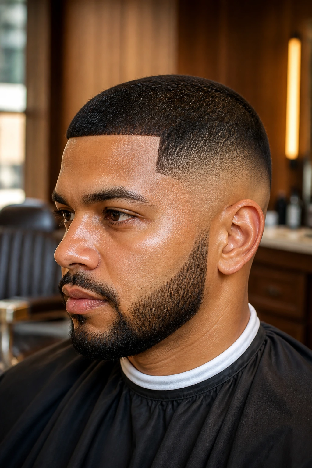Close-up portrait of a man with razor-defined lineup and short buzz top
