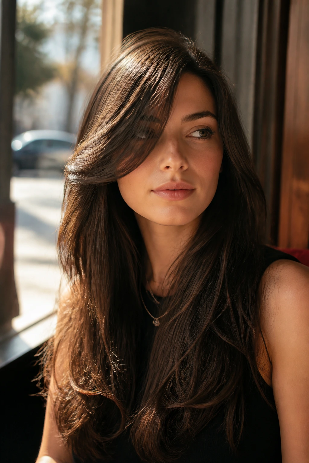 Close-up of a real person with Lip-Grazing Drama Sweep fringe near brow to lip corner